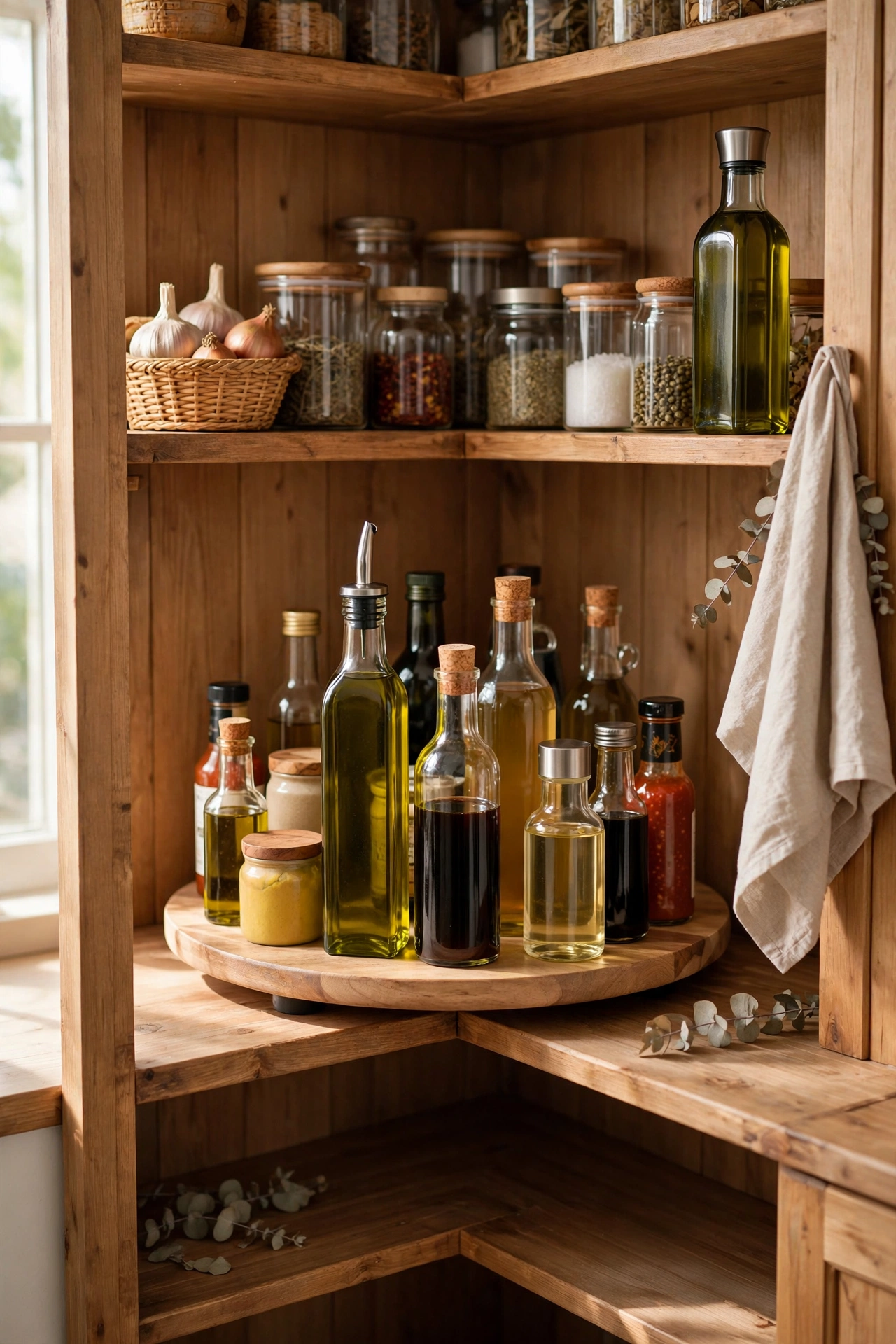 Lazy susan turntable with oils and vinegars spinning in a deep pantry corner cupboard, dollar store storage hack