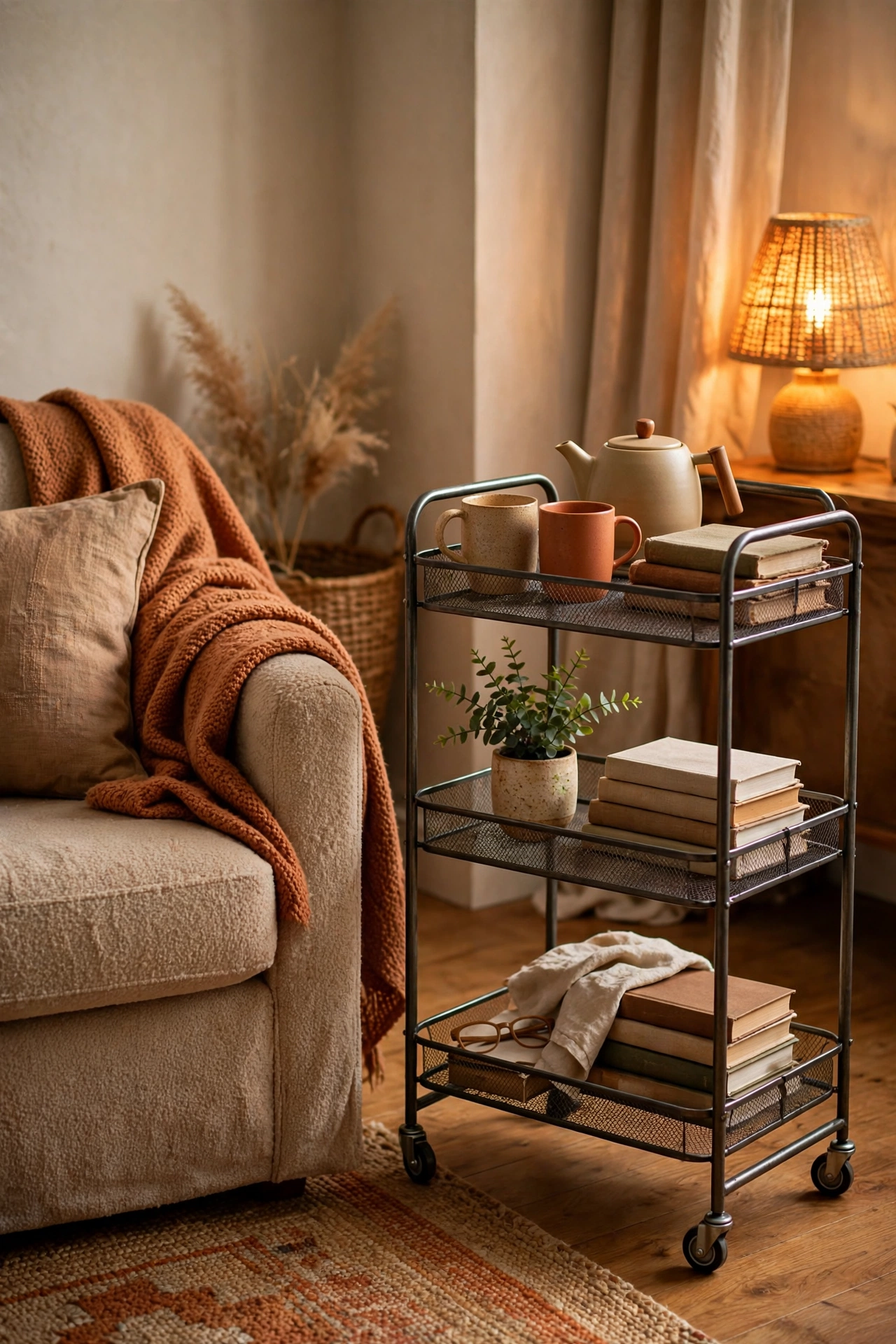 Three-tier rolling cart styled as a tea and reading station beside an armchair, dollar store storage hack