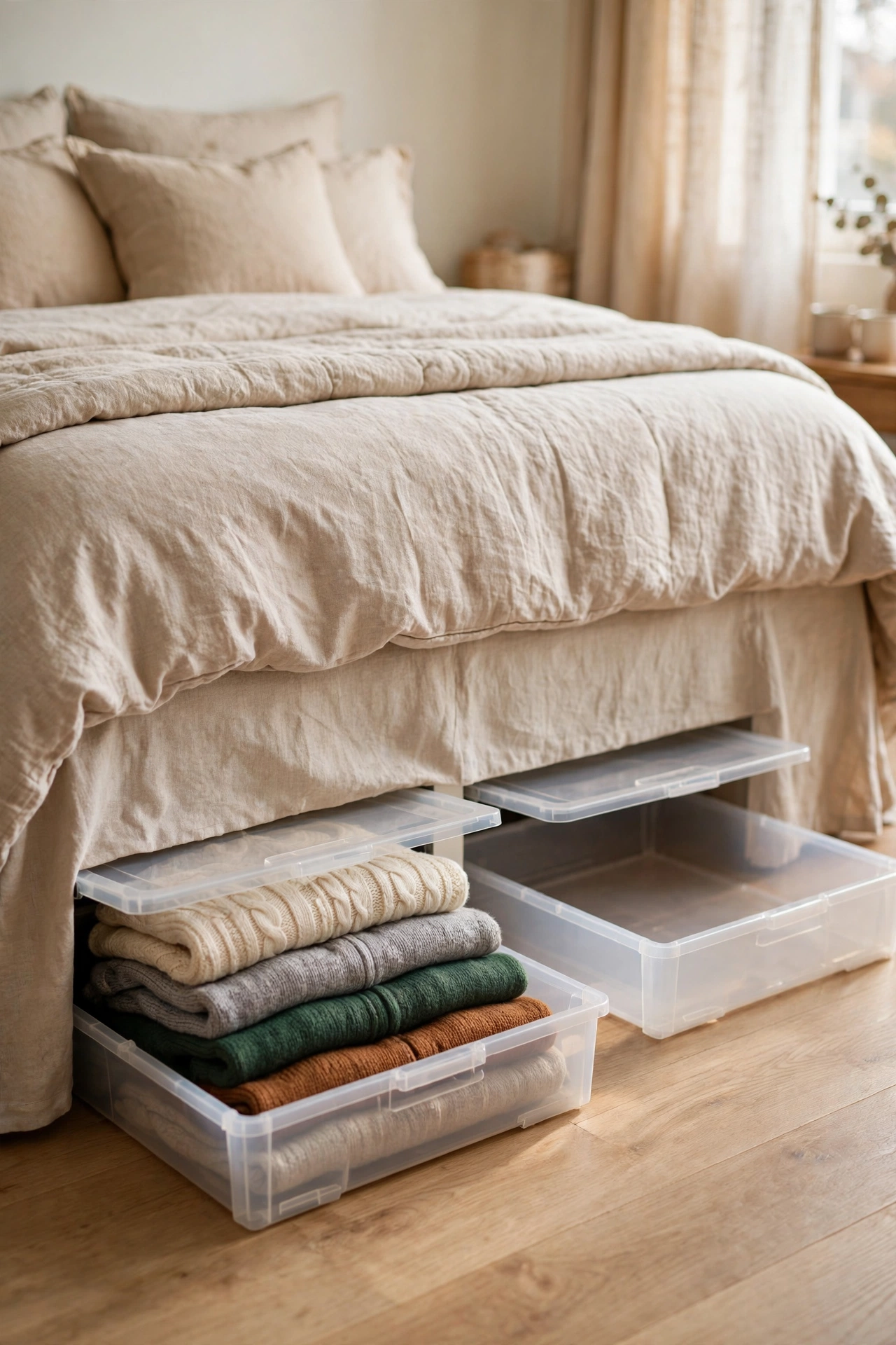 Slim under-bed storage boxes with folded seasonal clothes slid beneath a bed, dollar store storage hack
