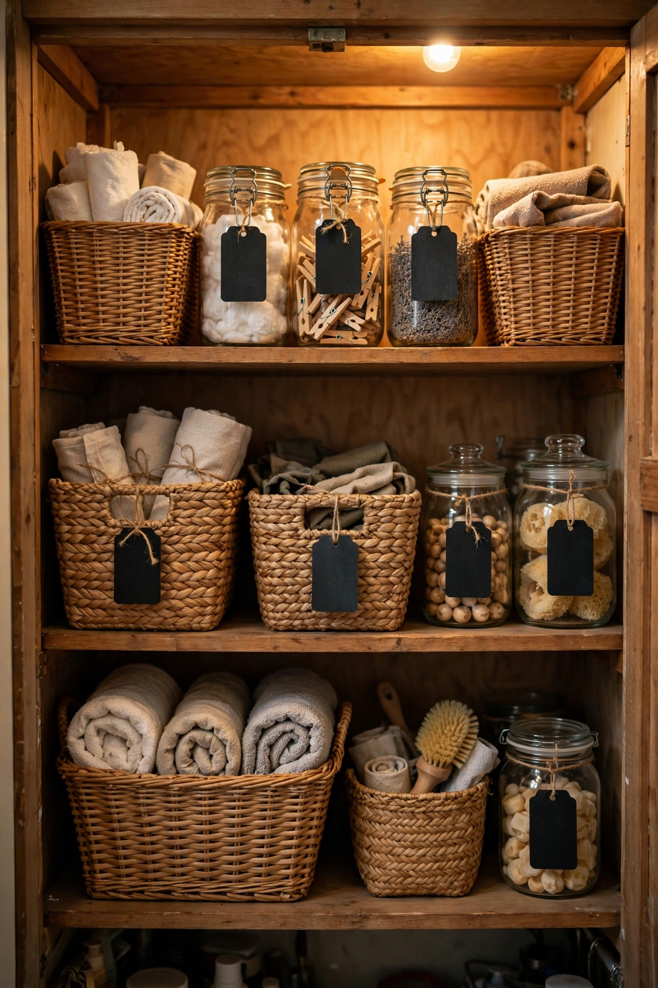 Chalkboard label tags tied onto storage baskets and jars in a laundry cupboard, dollar store storage hack