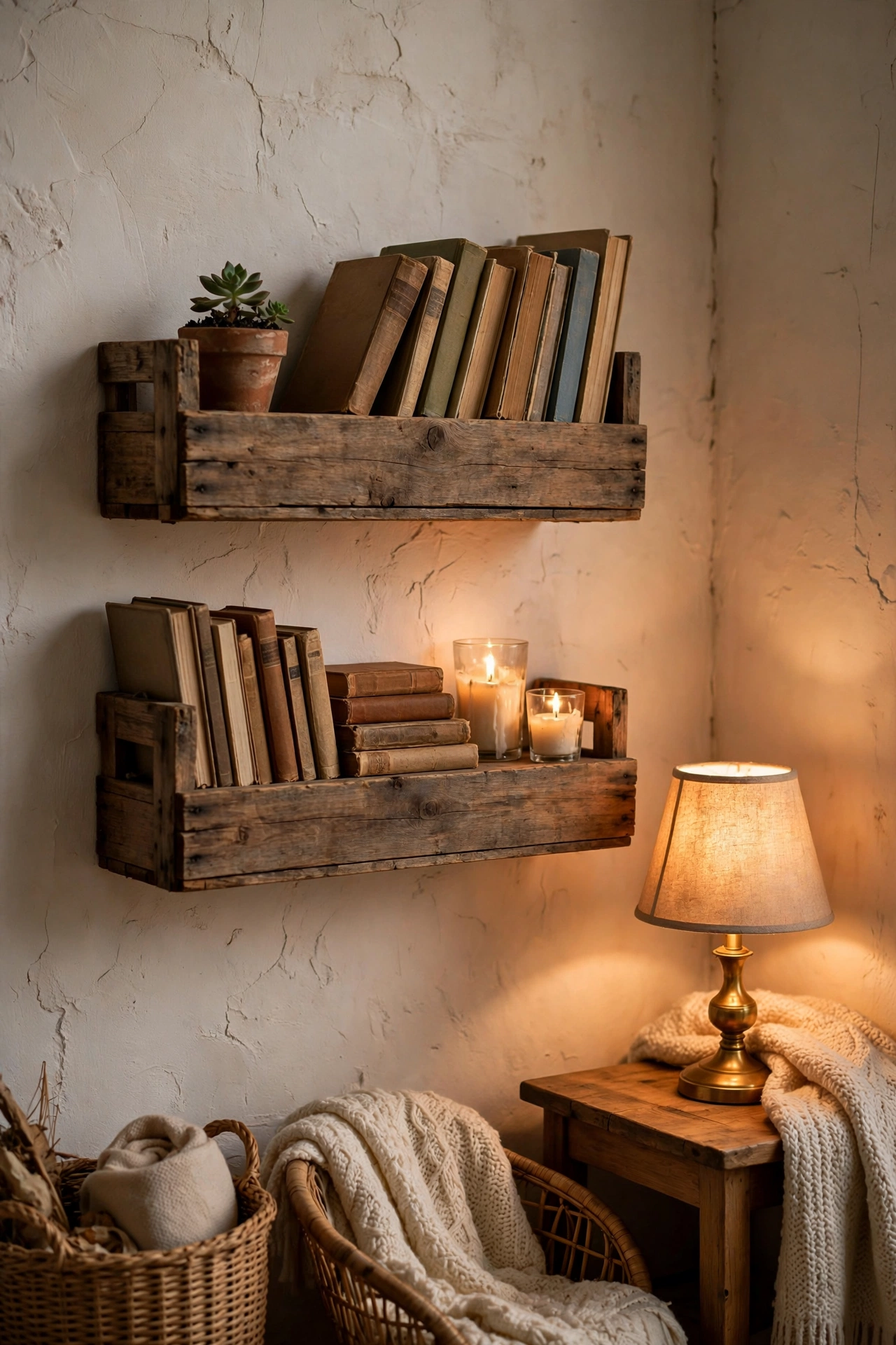 Wooden crates stacked sideways as rustic wall shelves holding books and plants in a reading corner, dollar store storage hack