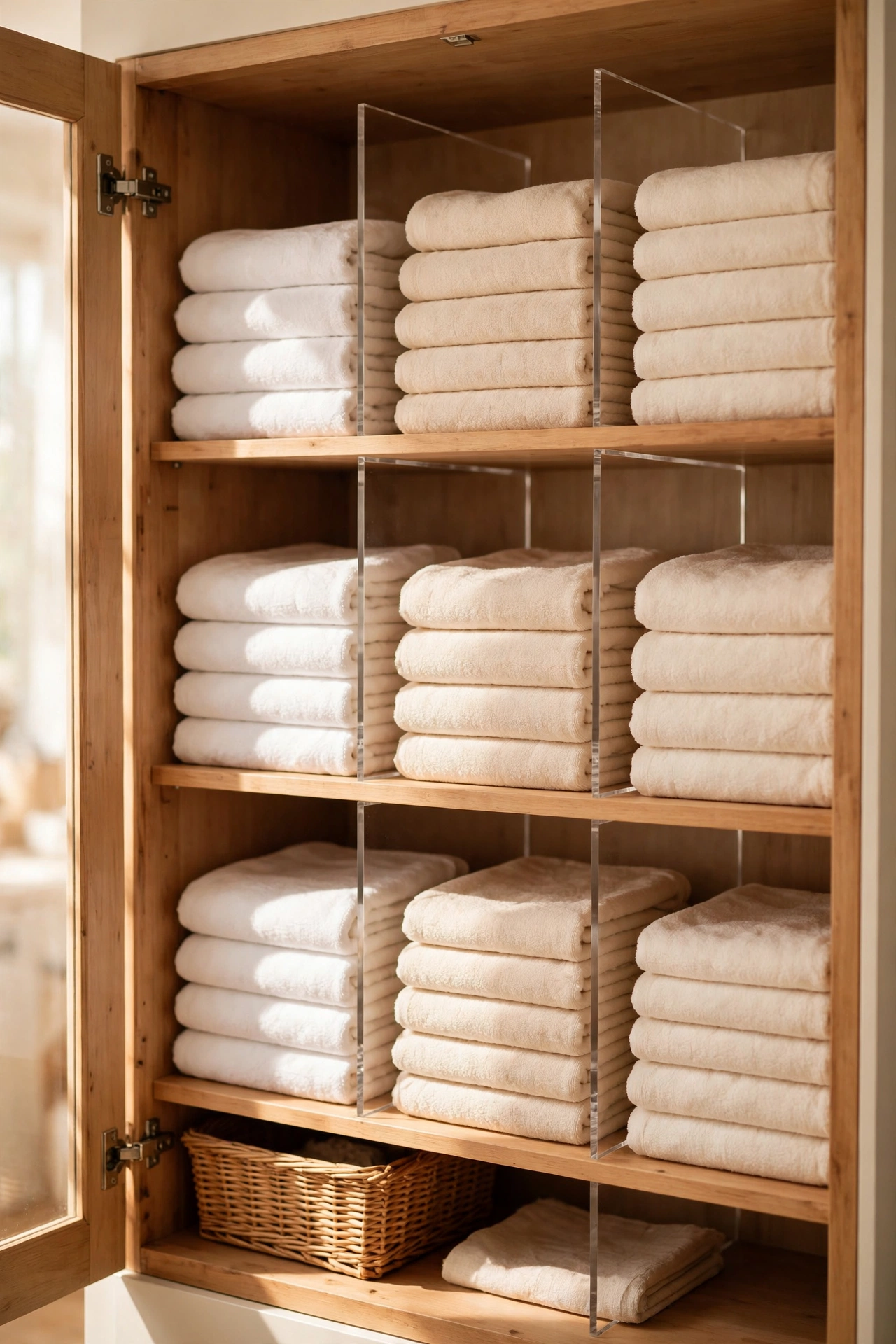 Shelf dividers keeping folded towel stacks upright in a linen closet, dollar store storage hack