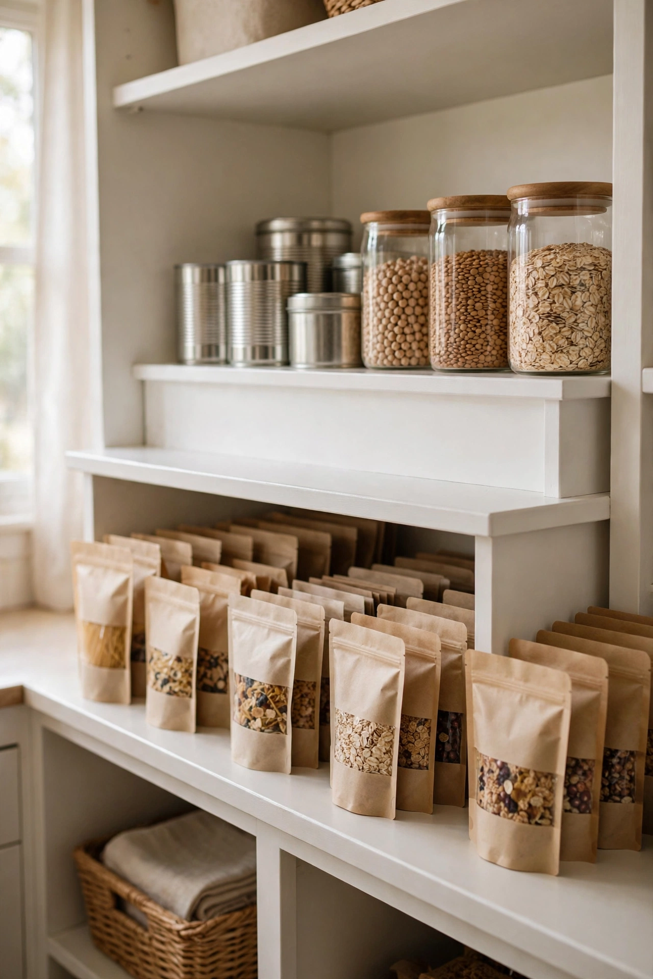 Pantry shelf risers creating double-layer storage for tins and jars, dollar store storage hack