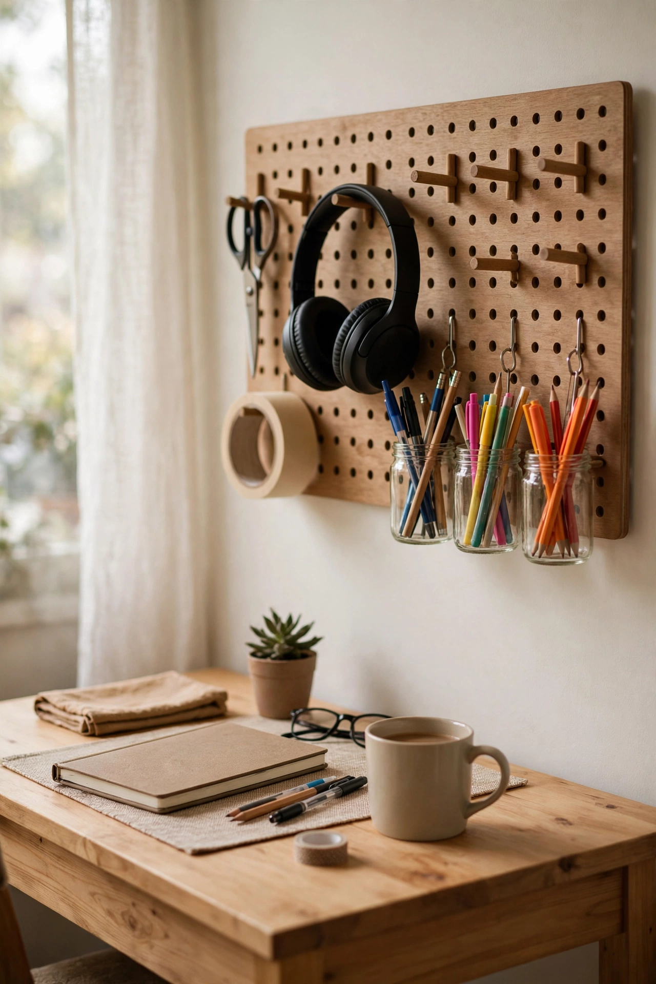 Pegboard wall organiser with hooks holding craft and office supplies above a desk, dollar store storage hack