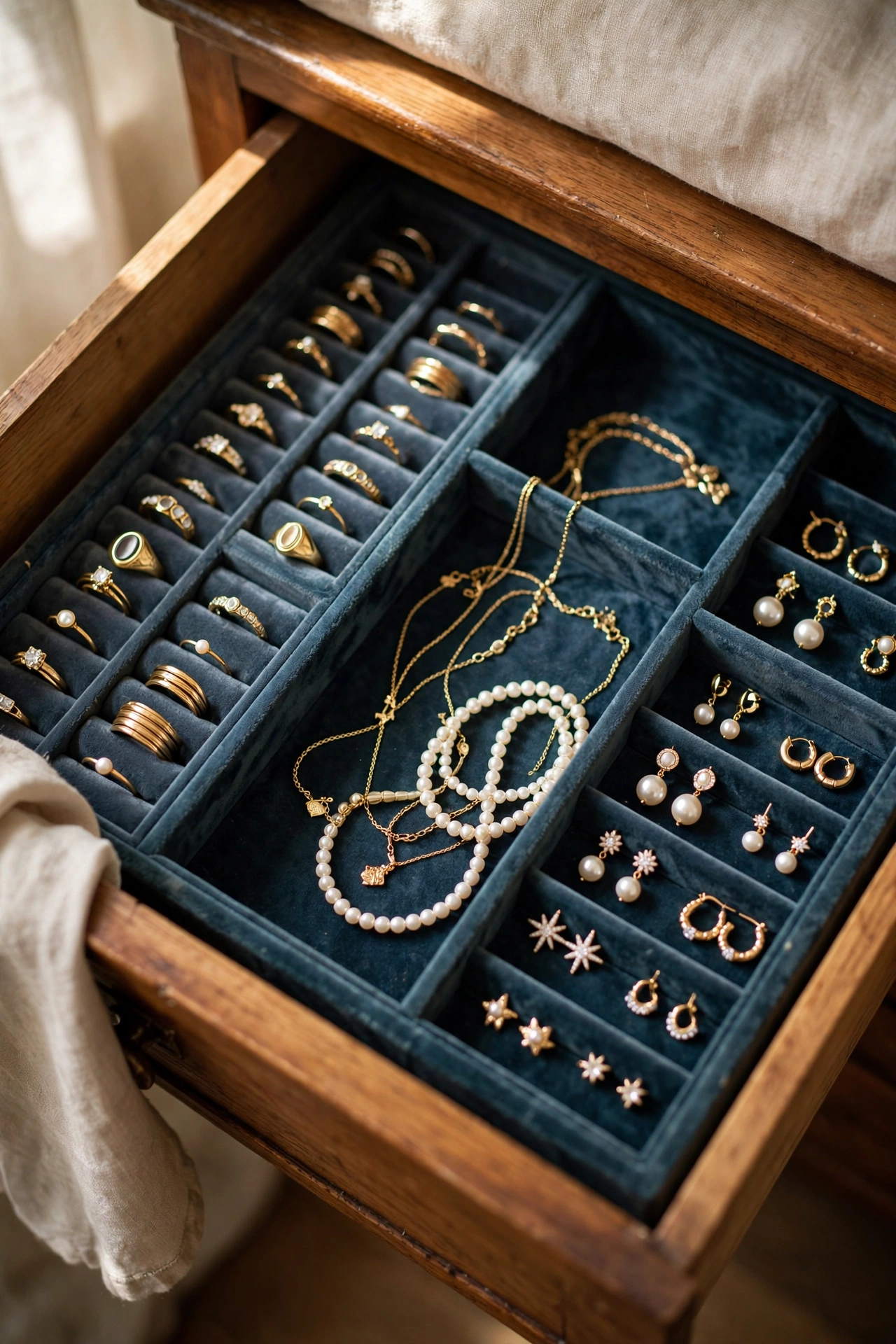 Velvet-look jewelry tray organisers with rings and necklaces inside a bedroom drawer, dollar store storage hack