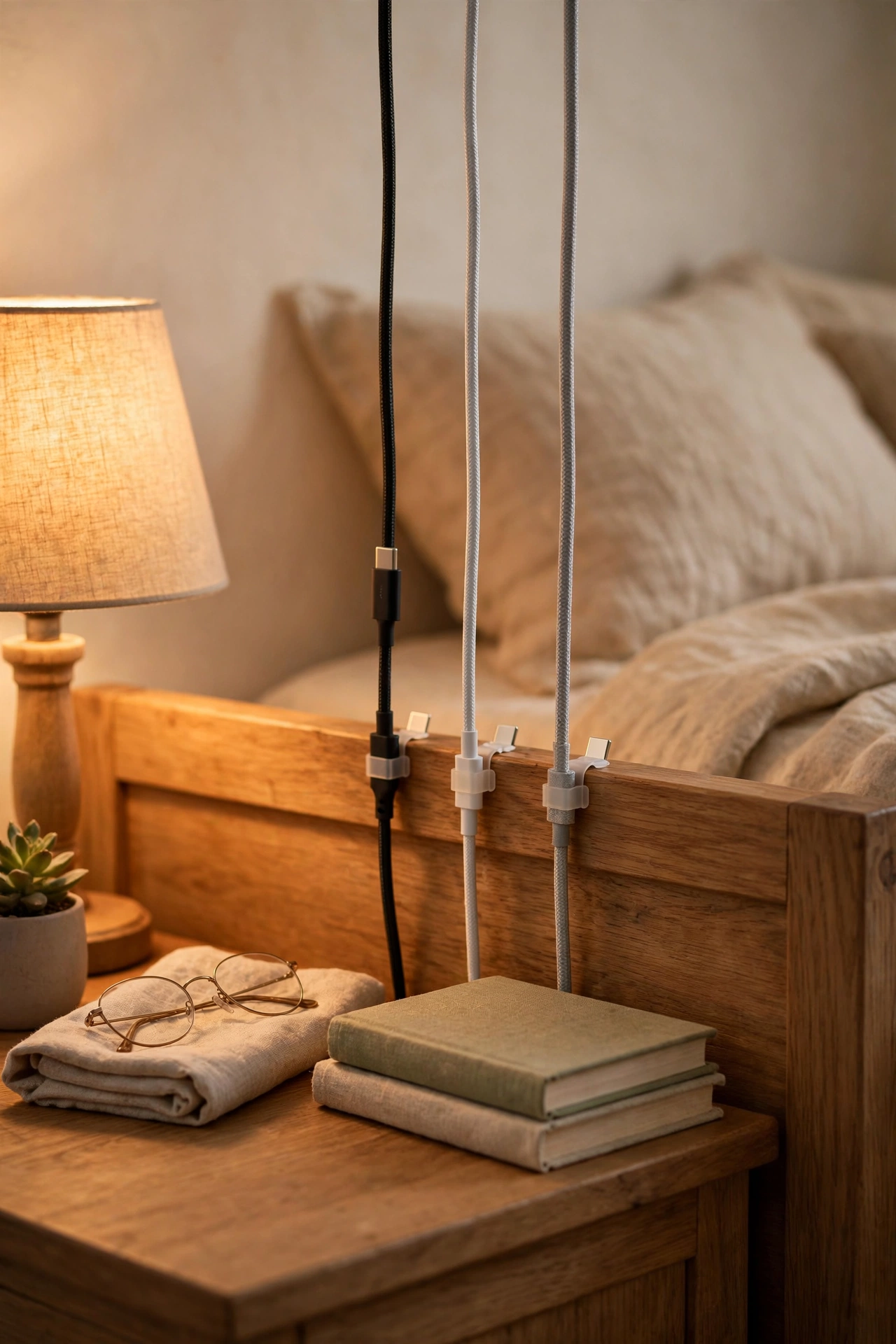 Adhesive cord and cable organiser clips routing phone chargers neatly behind a bedside table, dollar store storage hack