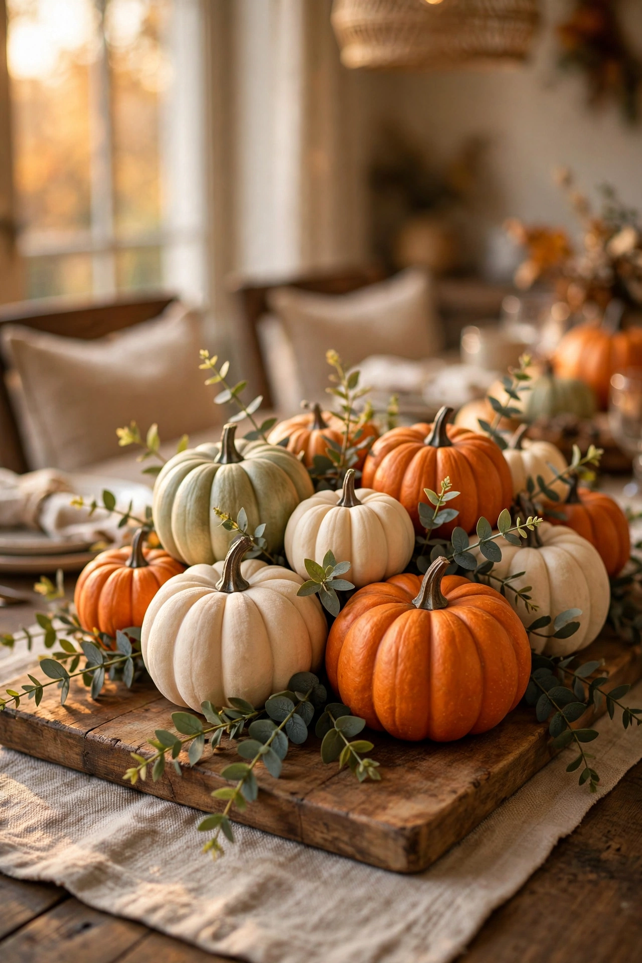 Faux pumpkins in orange, cream and green clustered as a Thanksgiving table centerpiece, dollar store Thanksgiving decor
