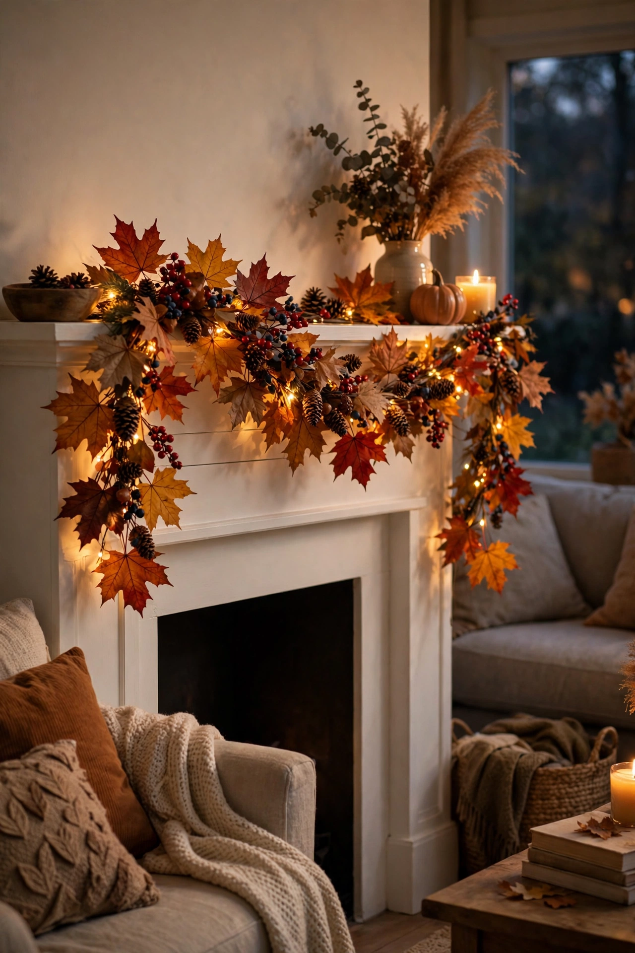 Autumn harvest garland with maple leaves and berries draped over a fireplace mantel, dollar store Thanksgiving decor
