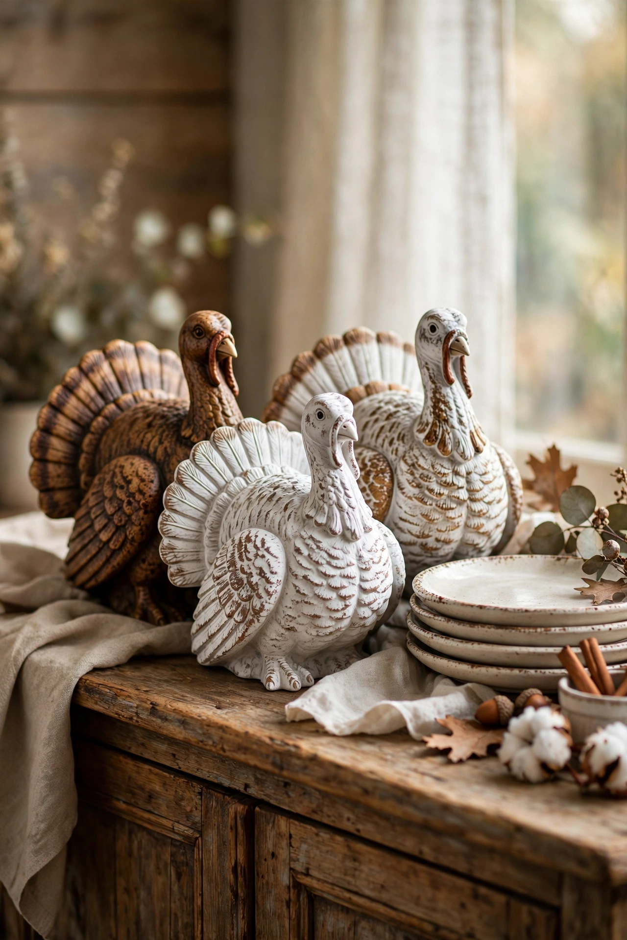Ceramic turkey figurines in mixed sizes styled on a Thanksgiving sideboard, dollar store Thanksgiving decor