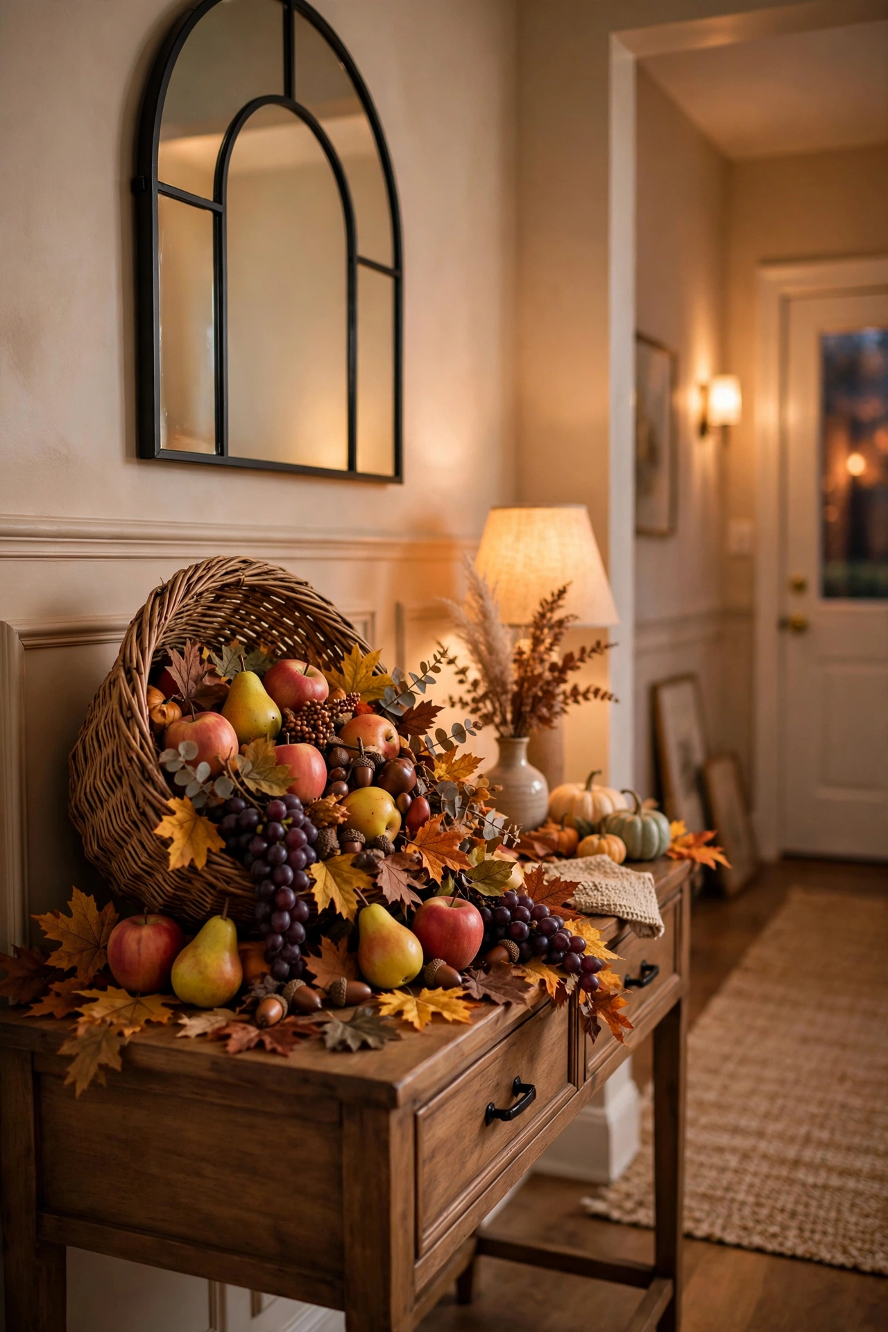 Cornucopia basket overflowing with faux apples, pears and grapes on a hall table, dollar store Thanksgiving decor