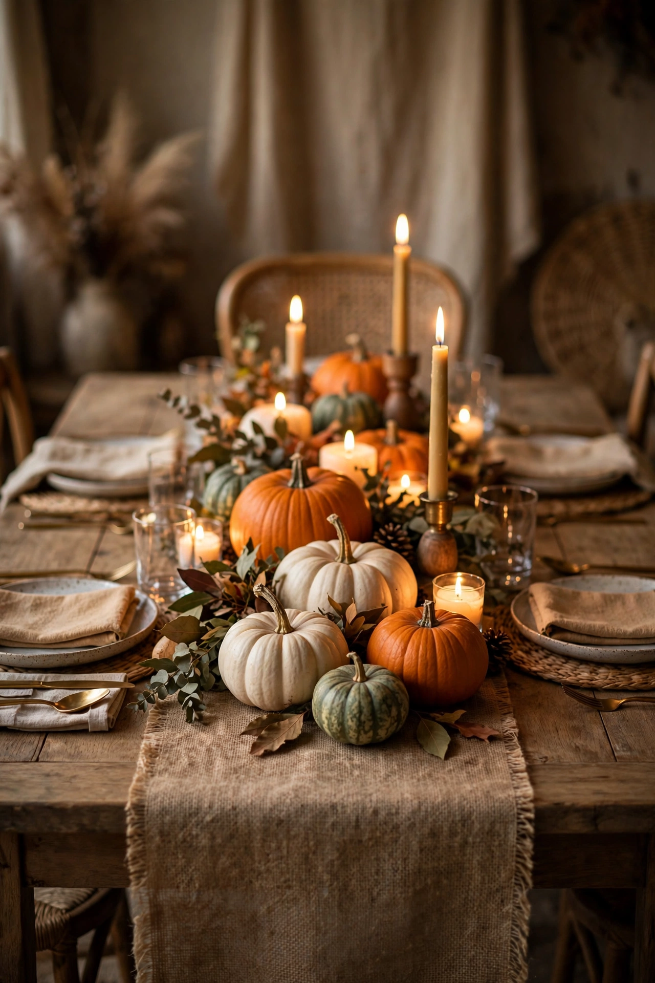 Burlap table runner as the base layer under pumpkins and candles on a Thanksgiving table, dollar store Thanksgiving decor