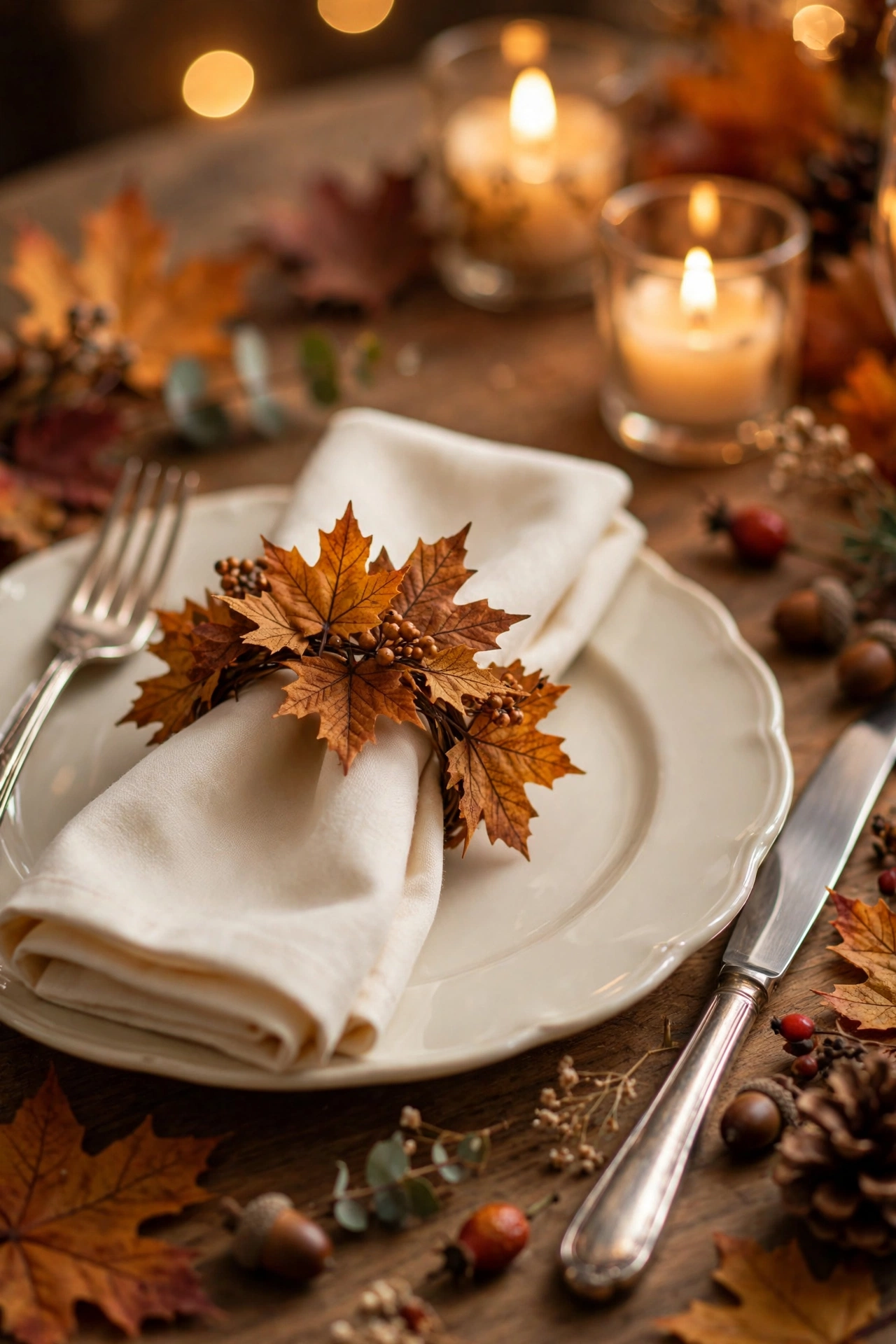 Fall-leaf napkin rings around cream cloth napkins at a Thanksgiving place setting, dollar store Thanksgiving decor