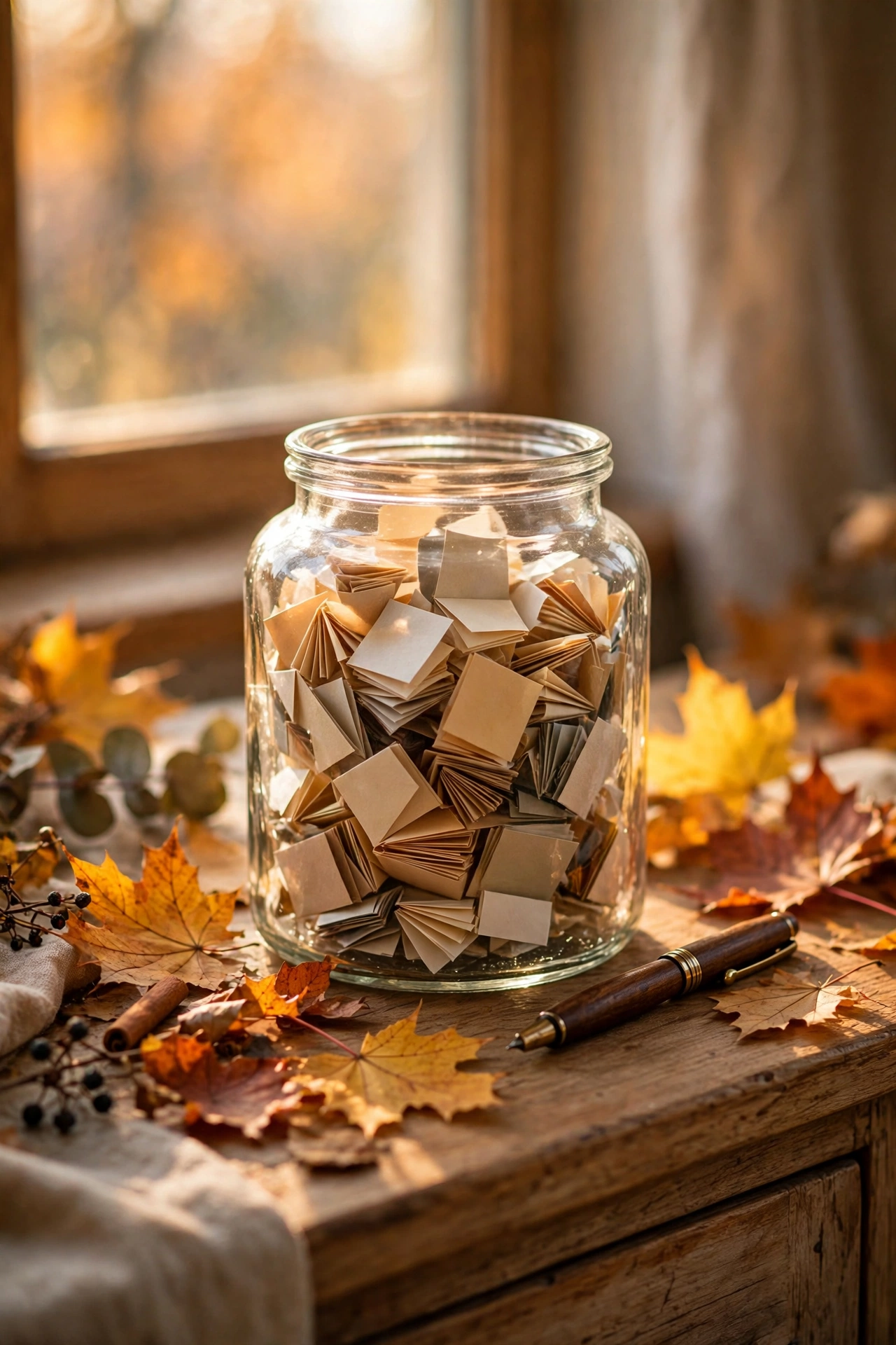 Gratitude jar with handwritten paper slips and a pen on a Thanksgiving sideboard, dollar store Thanksgiving decor