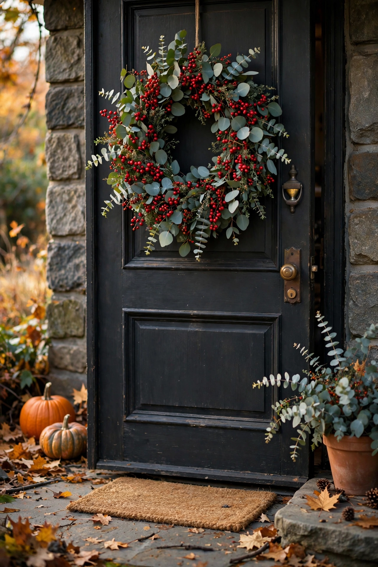 Eucalyptus and berry wreath hanging on a front door for Thanksgiving, dollar store Thanksgiving decor
