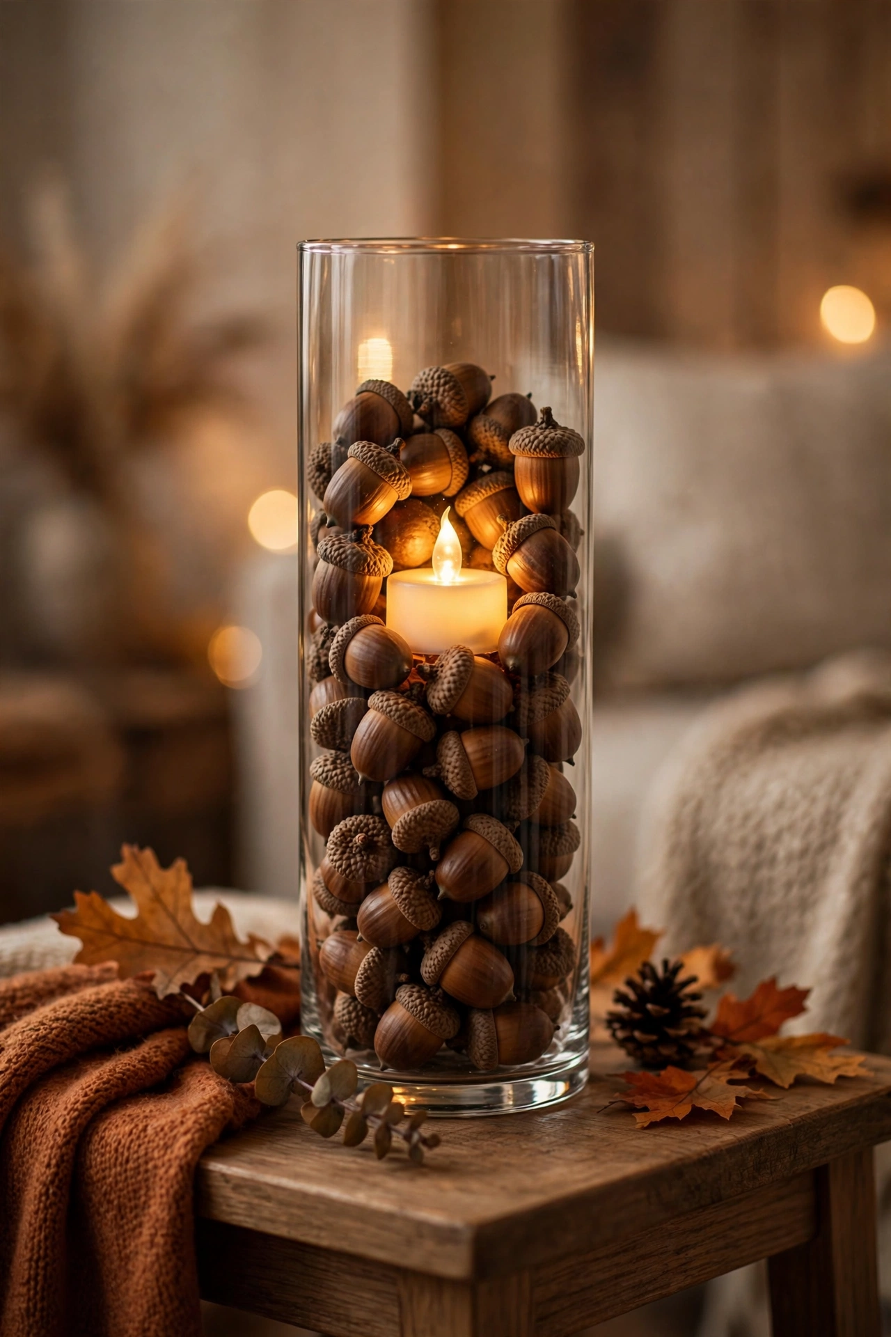 Acorn vase fillers with a glowing LED candle inside a clear glass vase, dollar store Thanksgiving decor