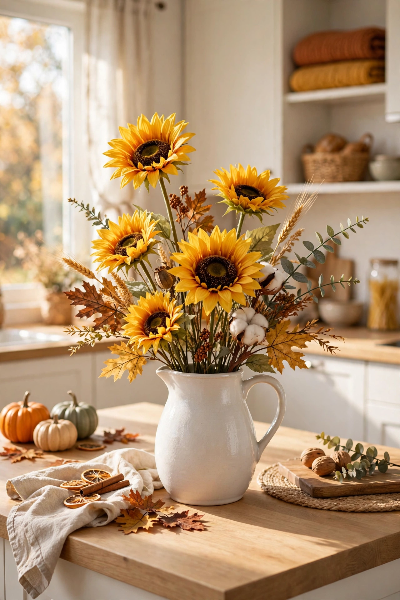 Faux sunflower stems arranged in a ceramic pitcher on a kitchen island, dollar store Thanksgiving decor