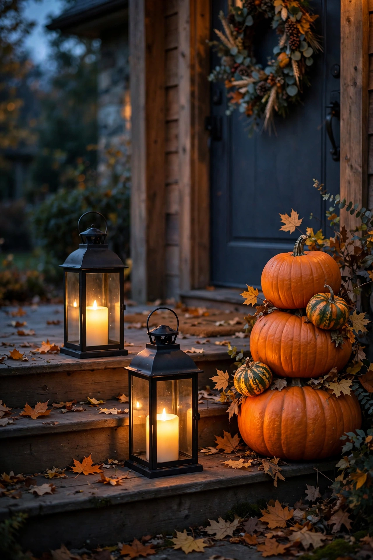 Harvest candle lanterns with flameless candles glowing on porch steps at dusk, dollar store Thanksgiving decor