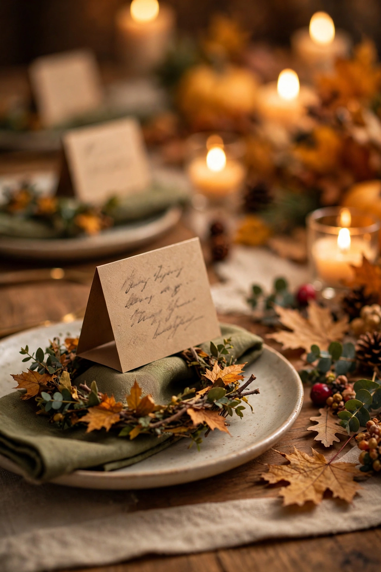 Handwritten kraft-paper place cards tented at Thanksgiving place settings, dollar store Thanksgiving decor