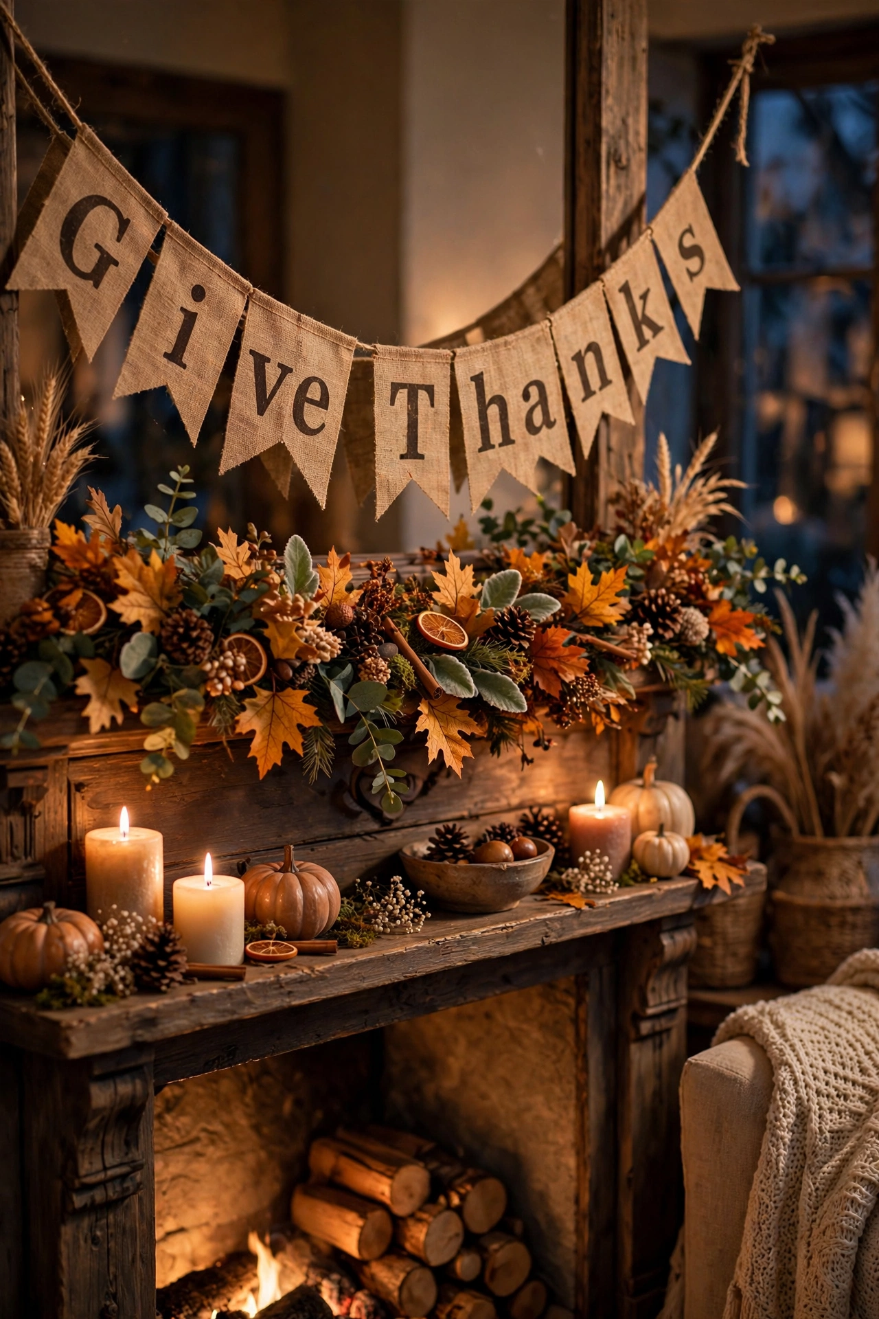 Give Thanks bunting banner layered over a harvest garland on a mantel, dollar store Thanksgiving decor