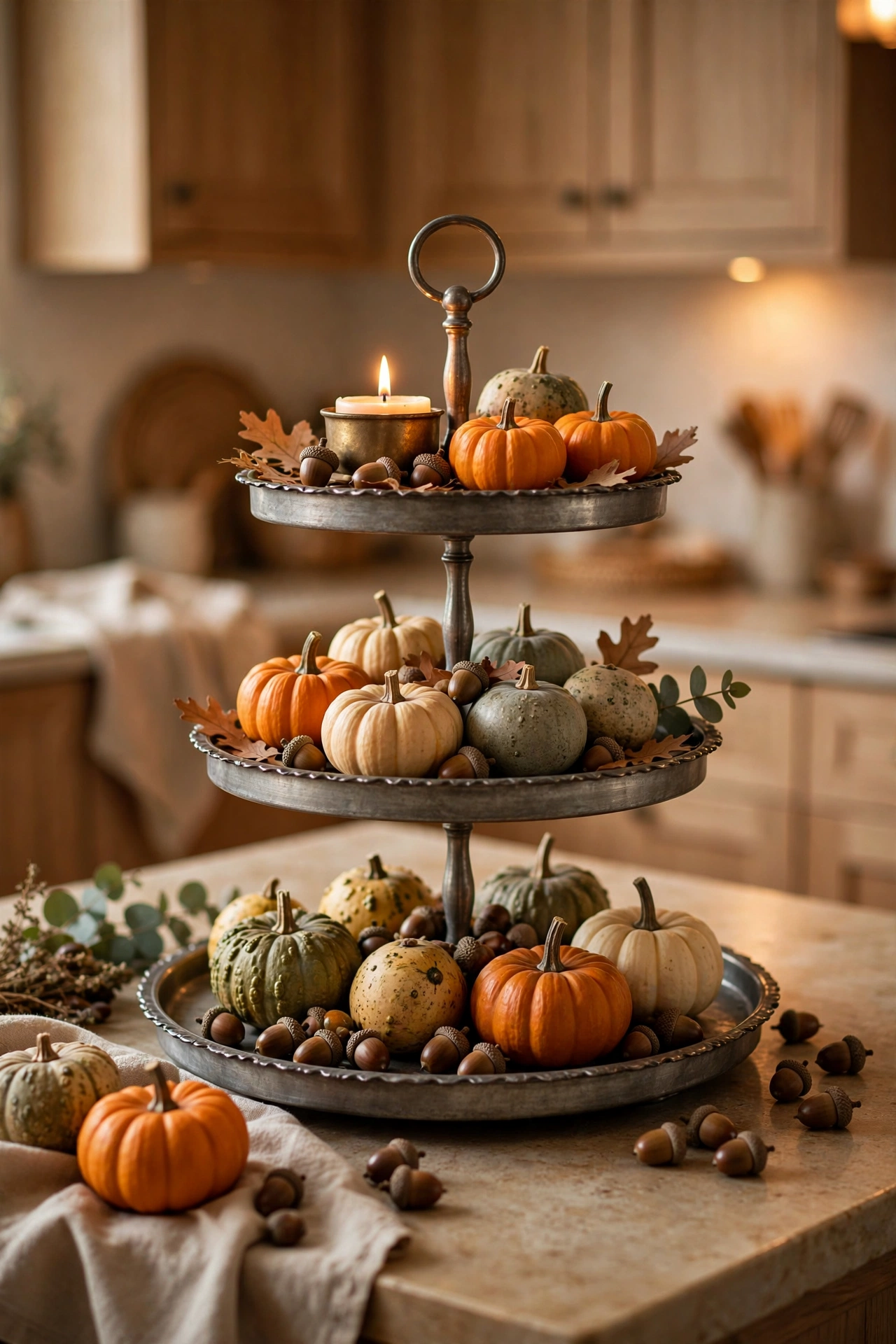 Tiered tray Thanksgiving display with mini pumpkins, gourds and candles on a kitchen island, dollar store Thanksgiving decor