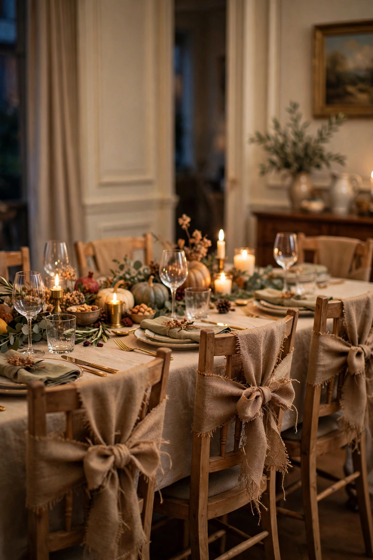 Burlap bows tied around dining chair backs for Thanksgiving, dollar store Thanksgiving decor