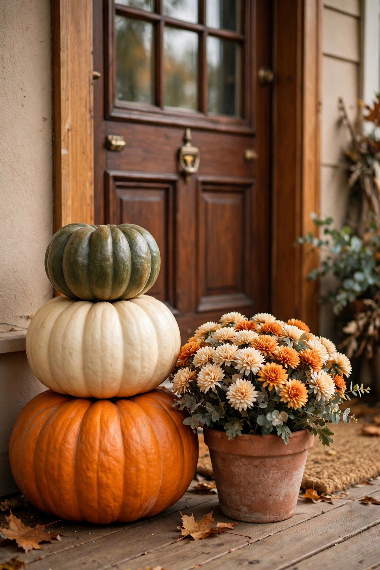 Stacked pumpkins with faux mums by the front door for Thanksgiving, dollar store Thanksgiving decor