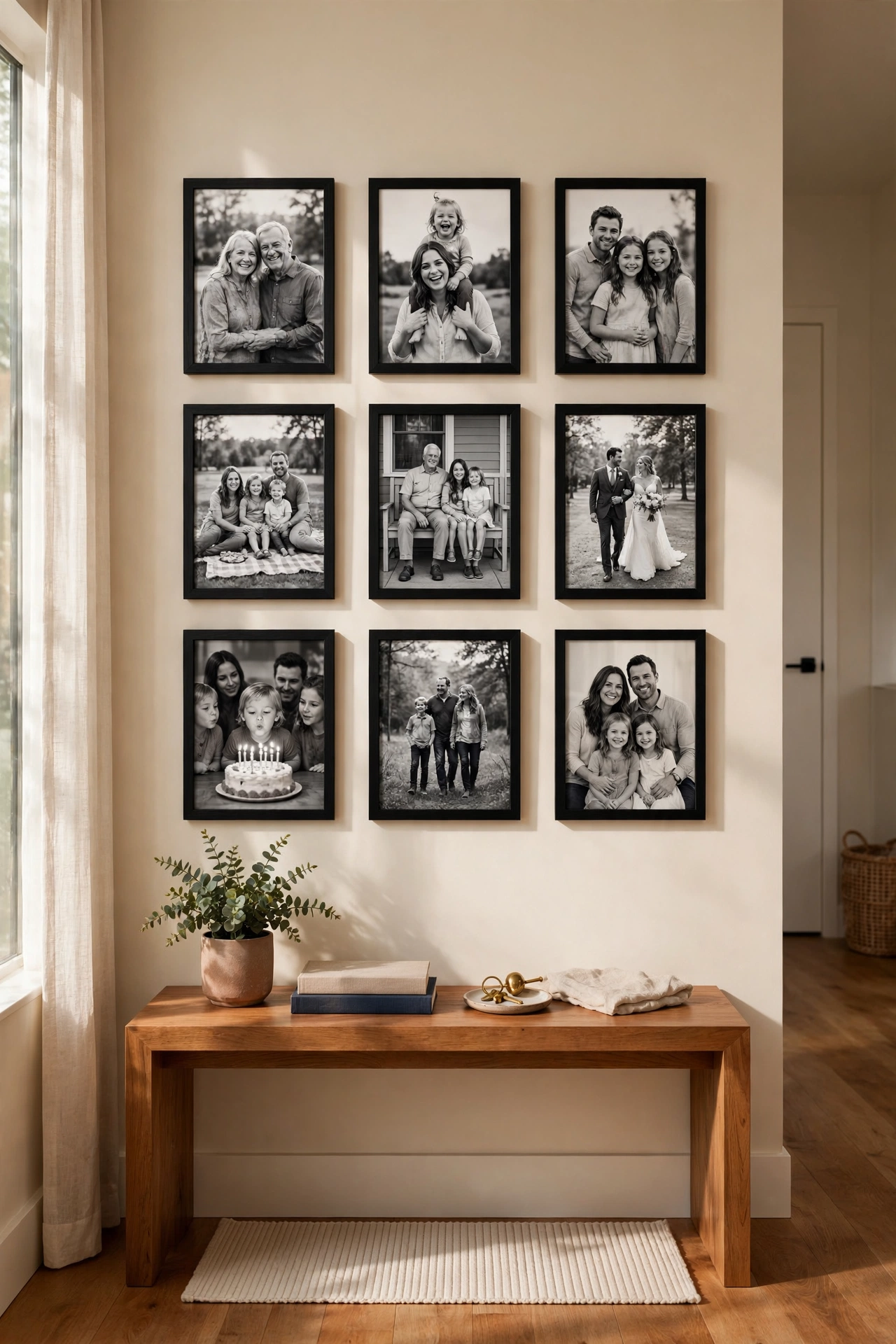 Gallery wall of matching black frames arranged in a grid on a cream living room wall