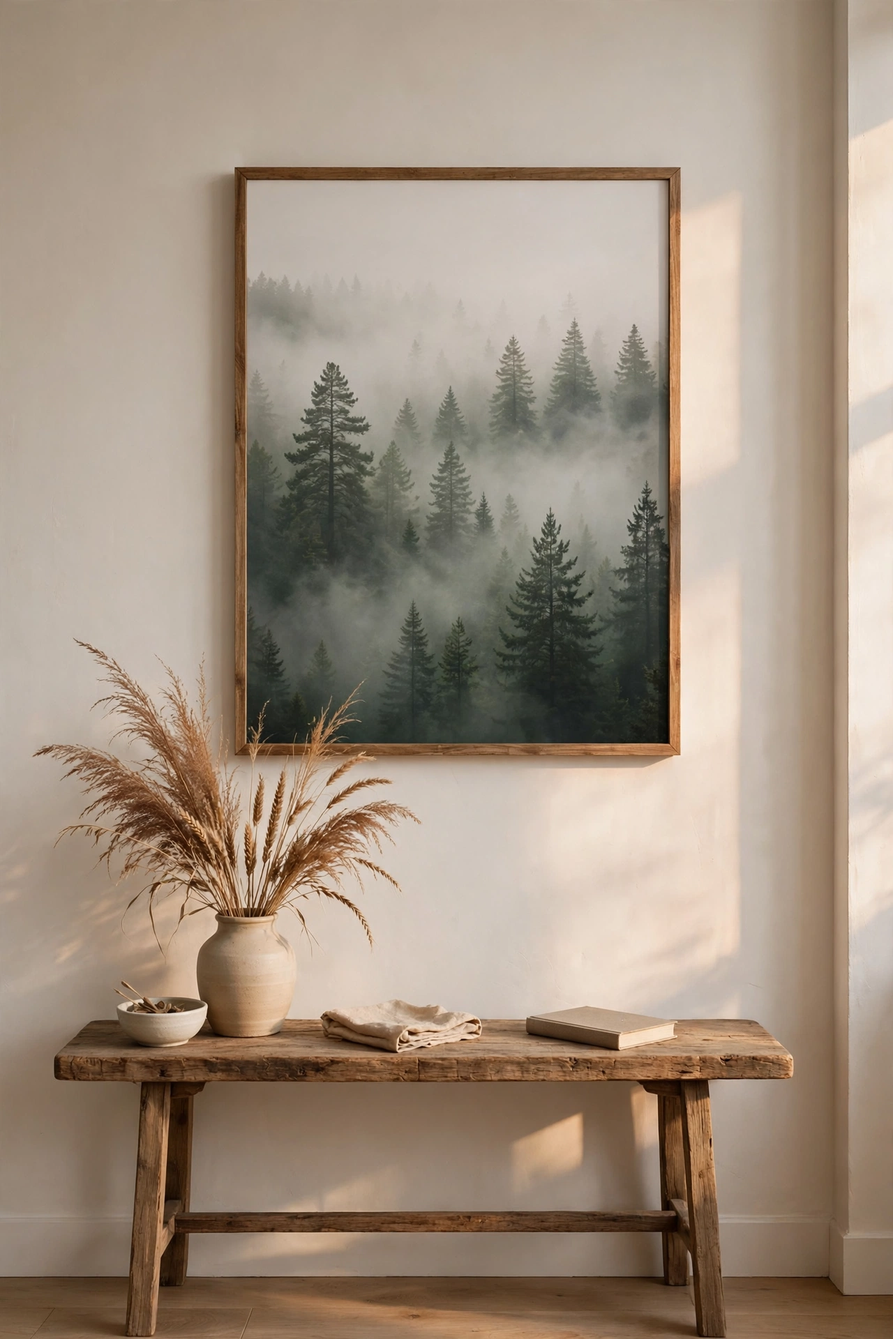 Large dollar store canvas art print of a moody forest hanging above a console table