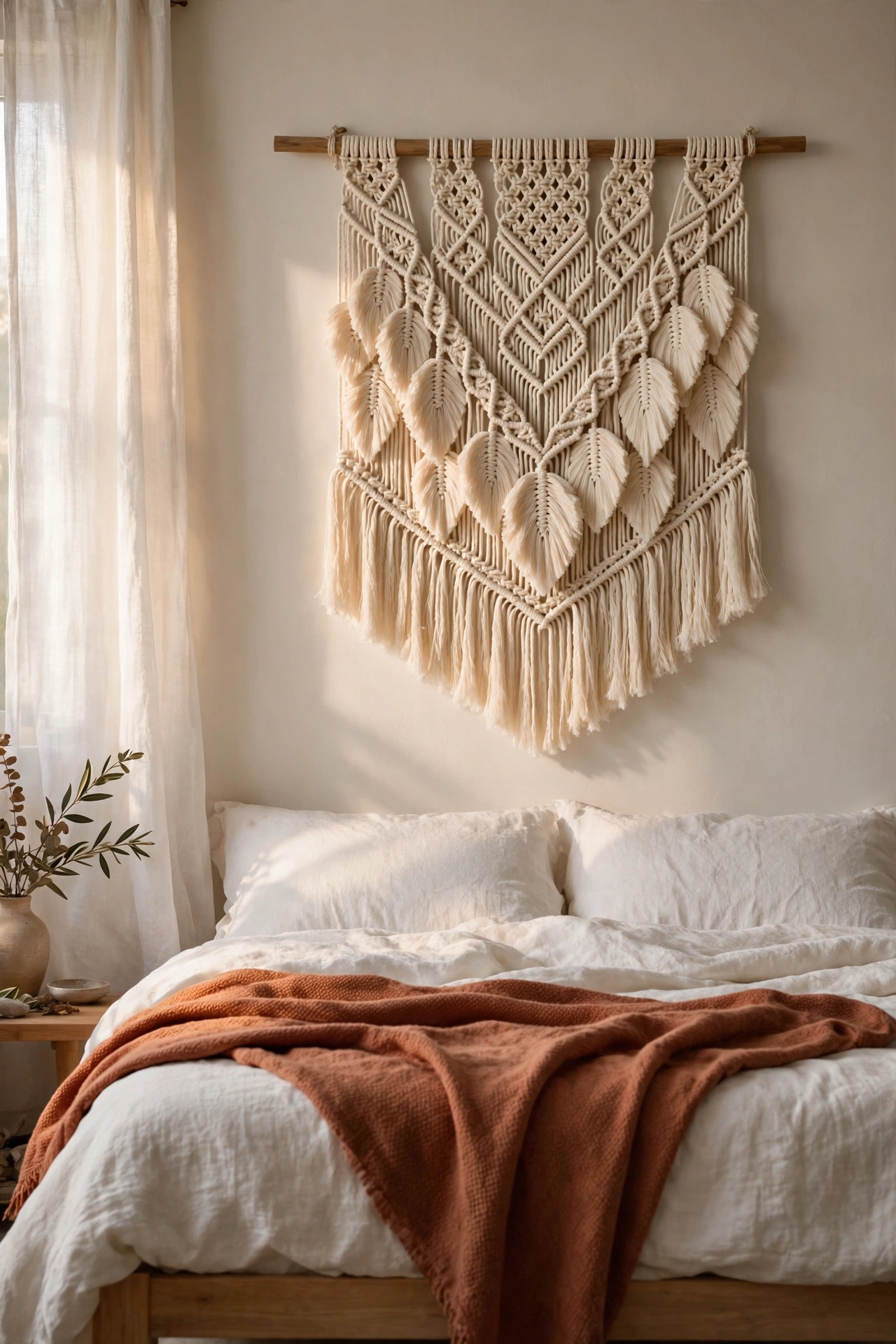 Cream woven macrame wall hanging with wooden dowel above a bed