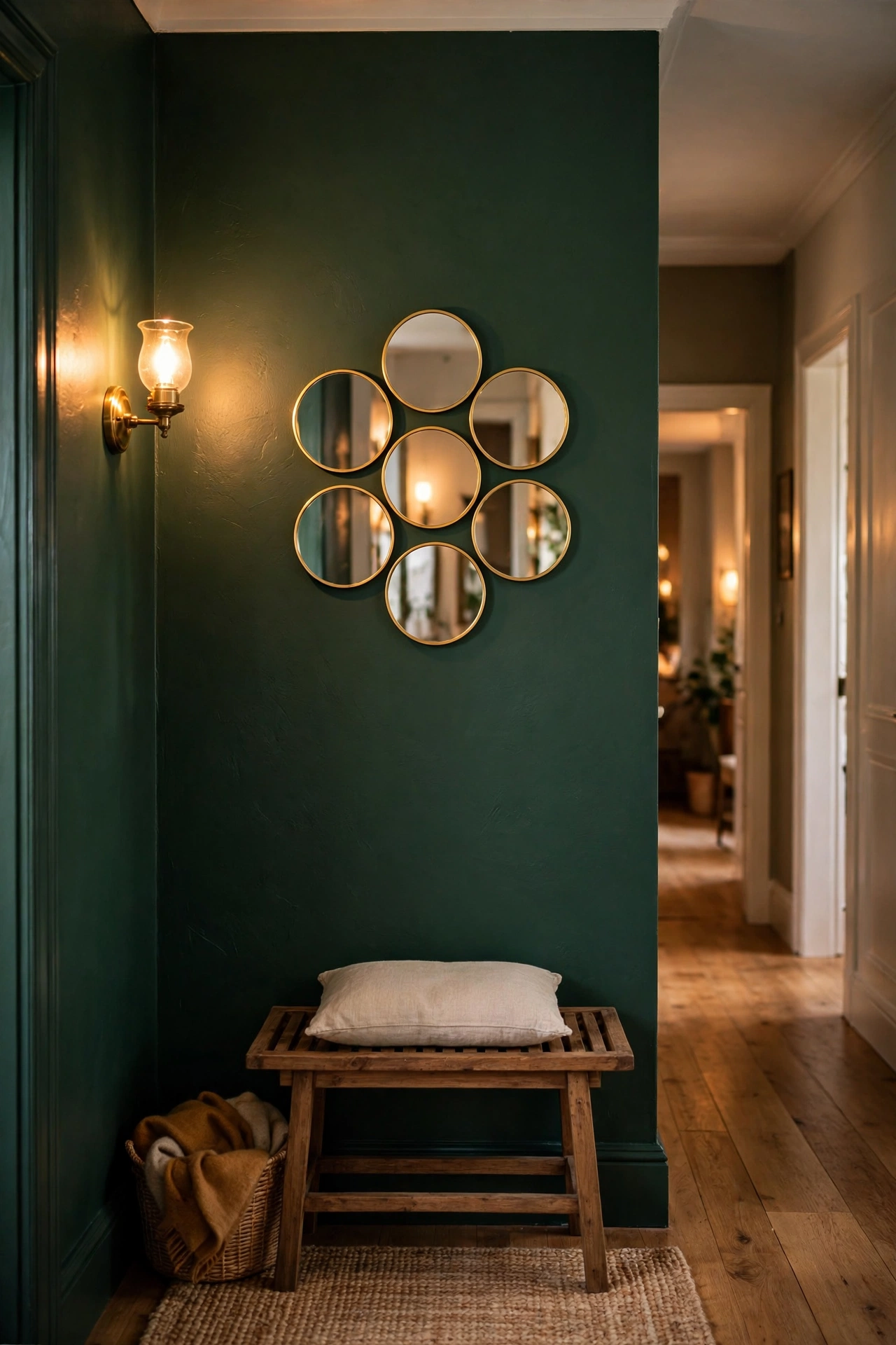 Cluster of small round mirrors in a honeycomb arrangement on a dark hallway wall