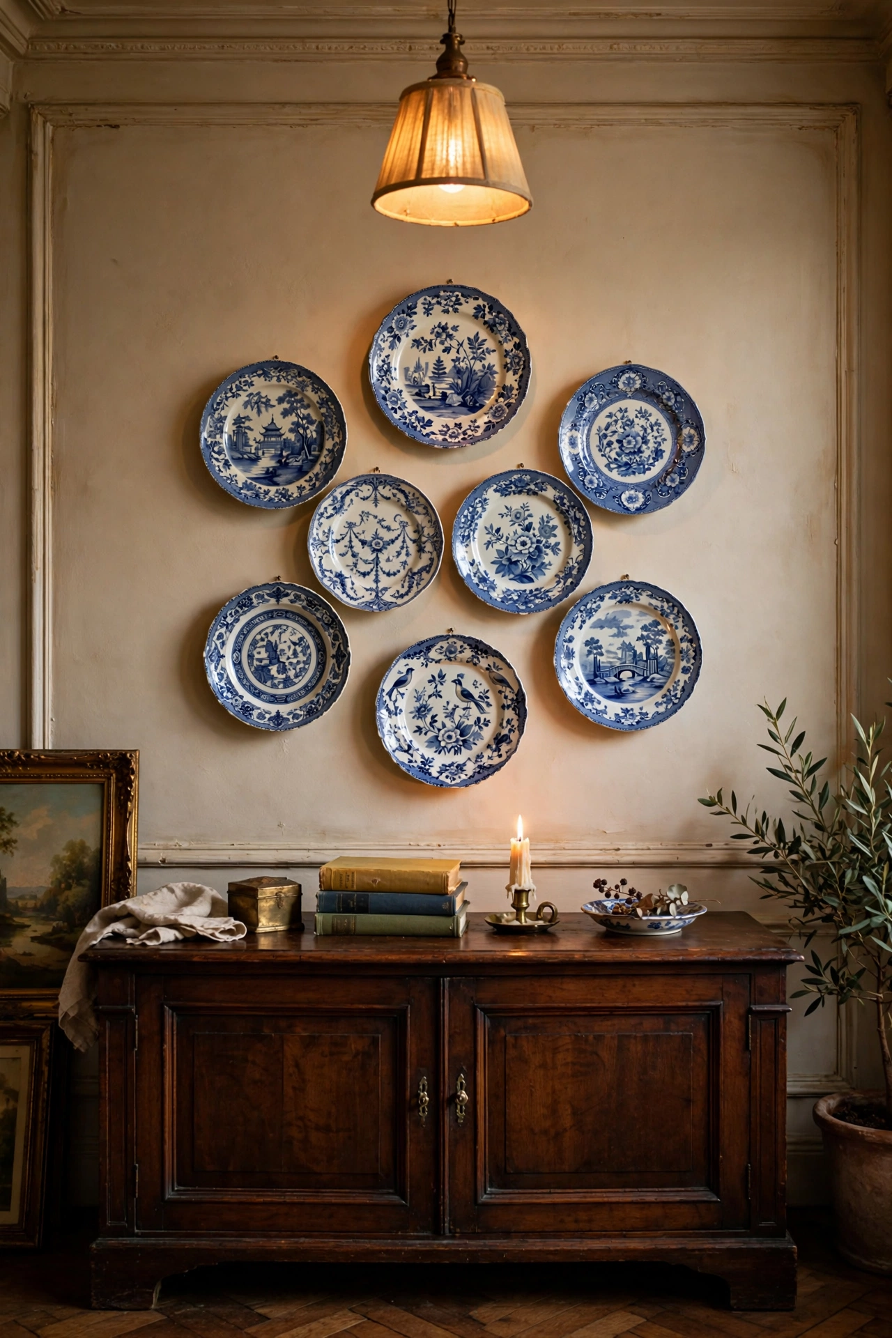 Decorative blue and white plates arranged in an oval display on a dining room wall