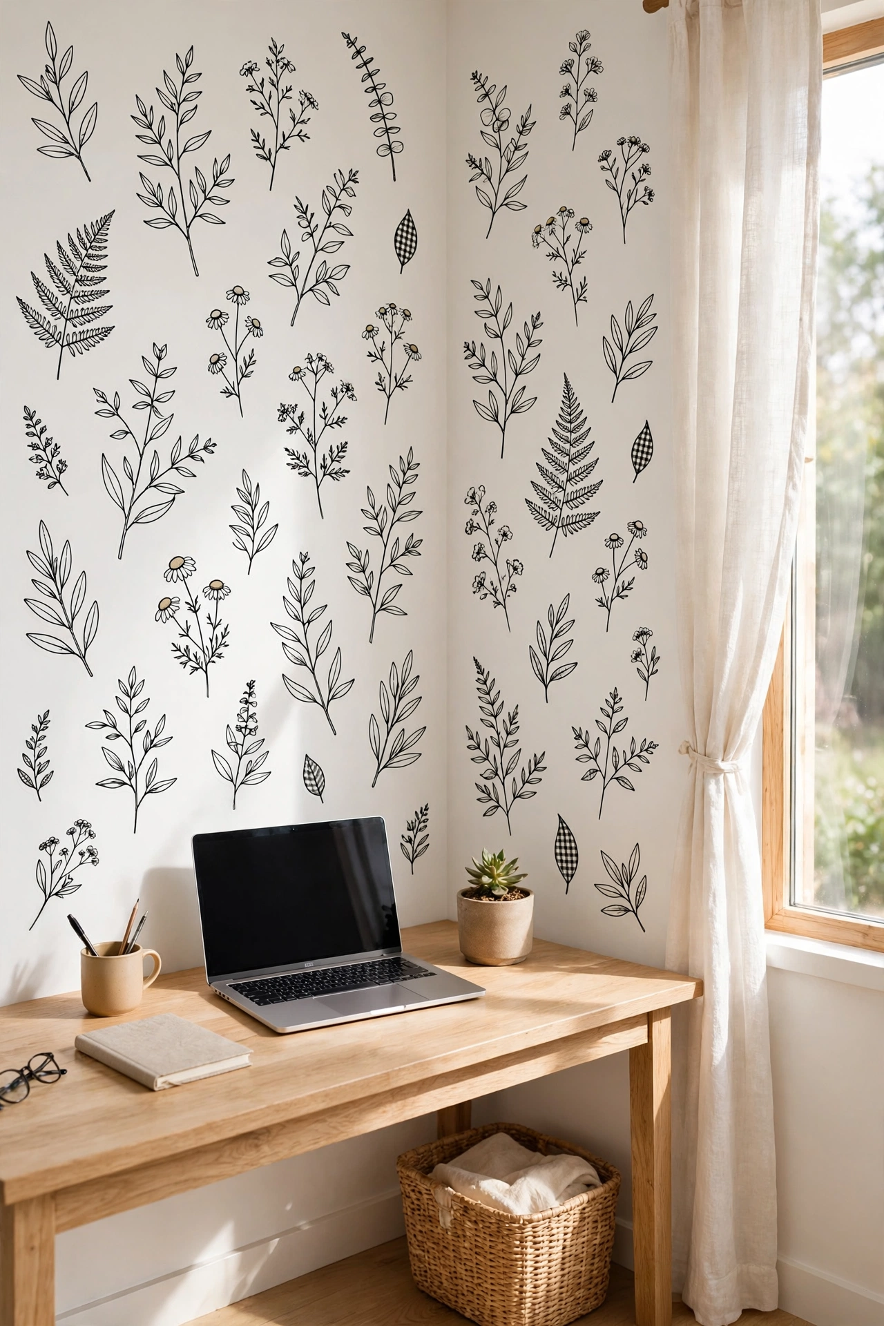 Botanical peel-and-stick wall decals forming a feature wall behind a home office desk