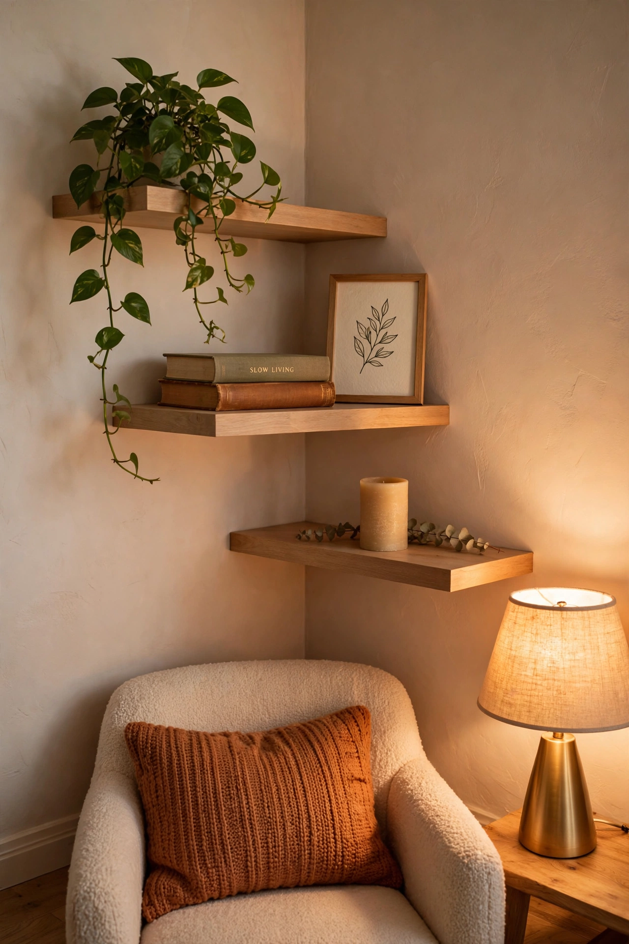 Three staggered floating shelves styled with plants books and candles on a reading corner wall
