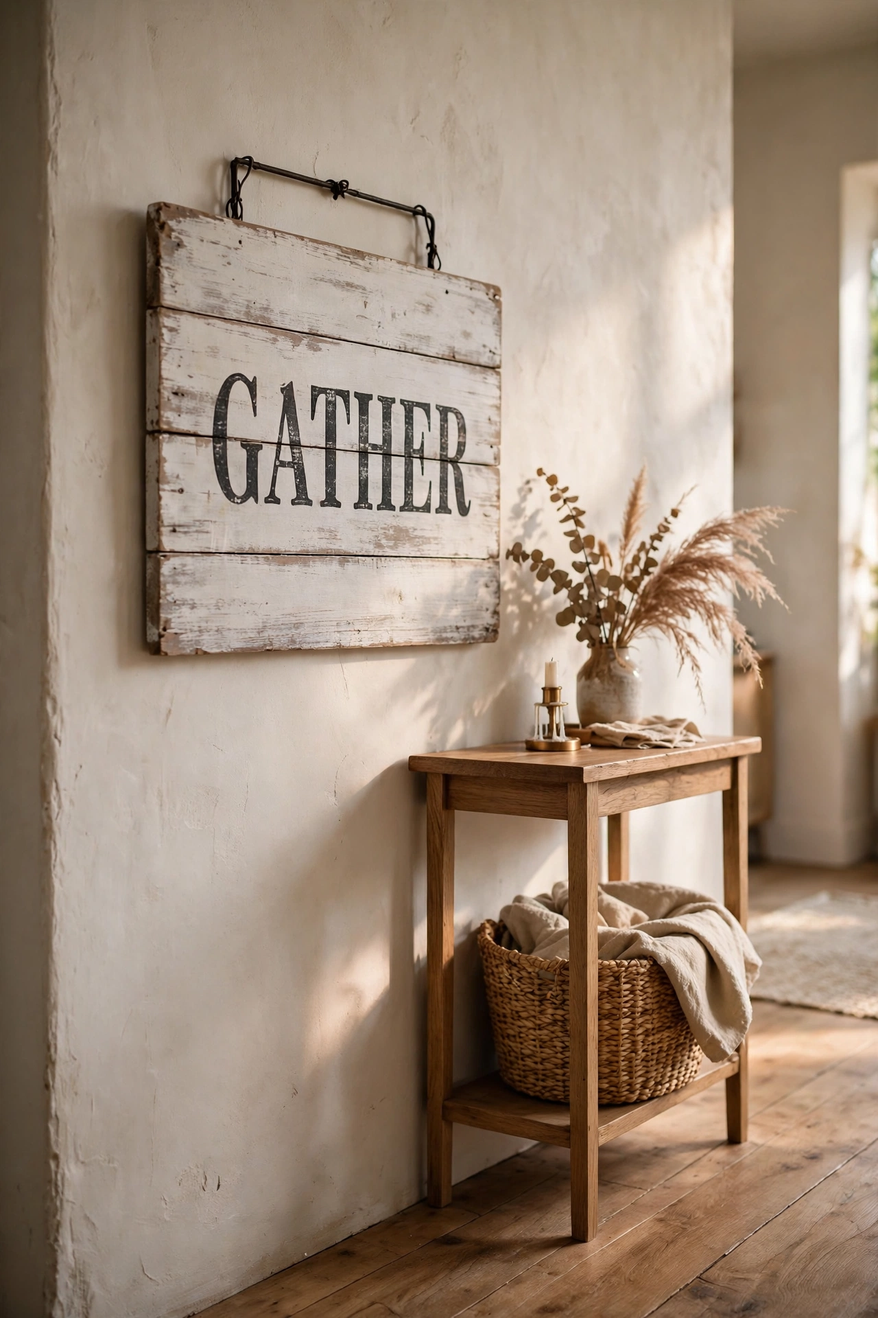 Distressed whitewashed wood plank sign with farmhouse lettering in a hallway