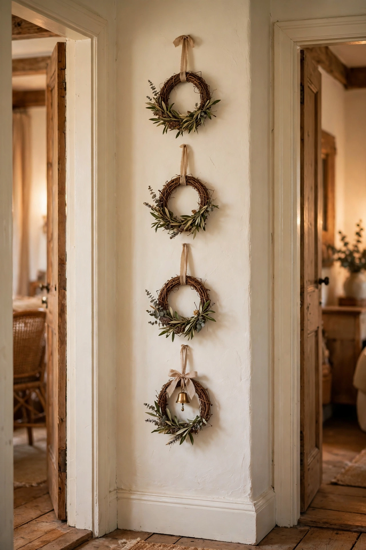 Four mini grapevine wreaths hung in a vertical column on a narrow hallway wall
