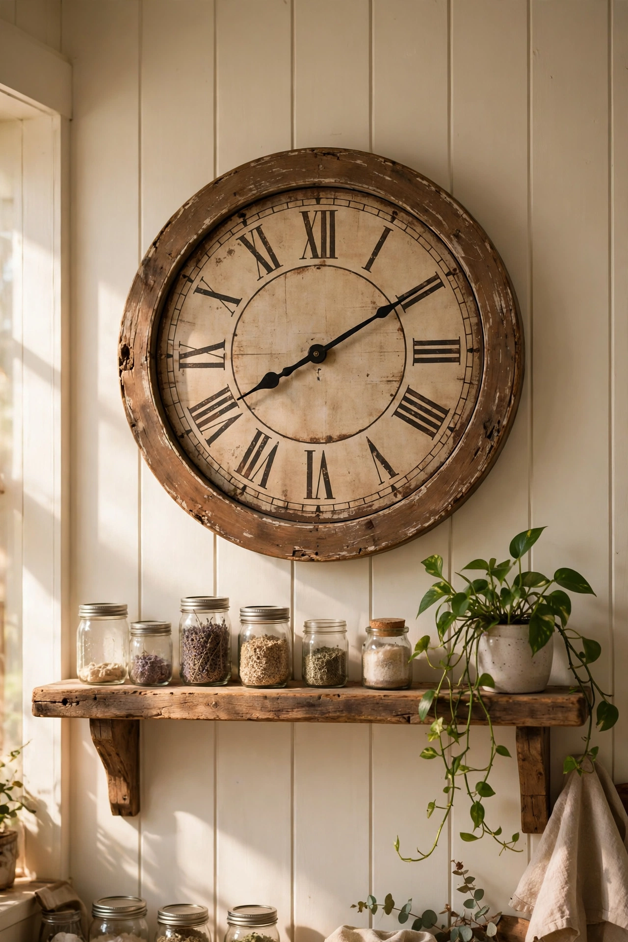 Oversized farmhouse wall clock centred above a kitchen mantel shelf