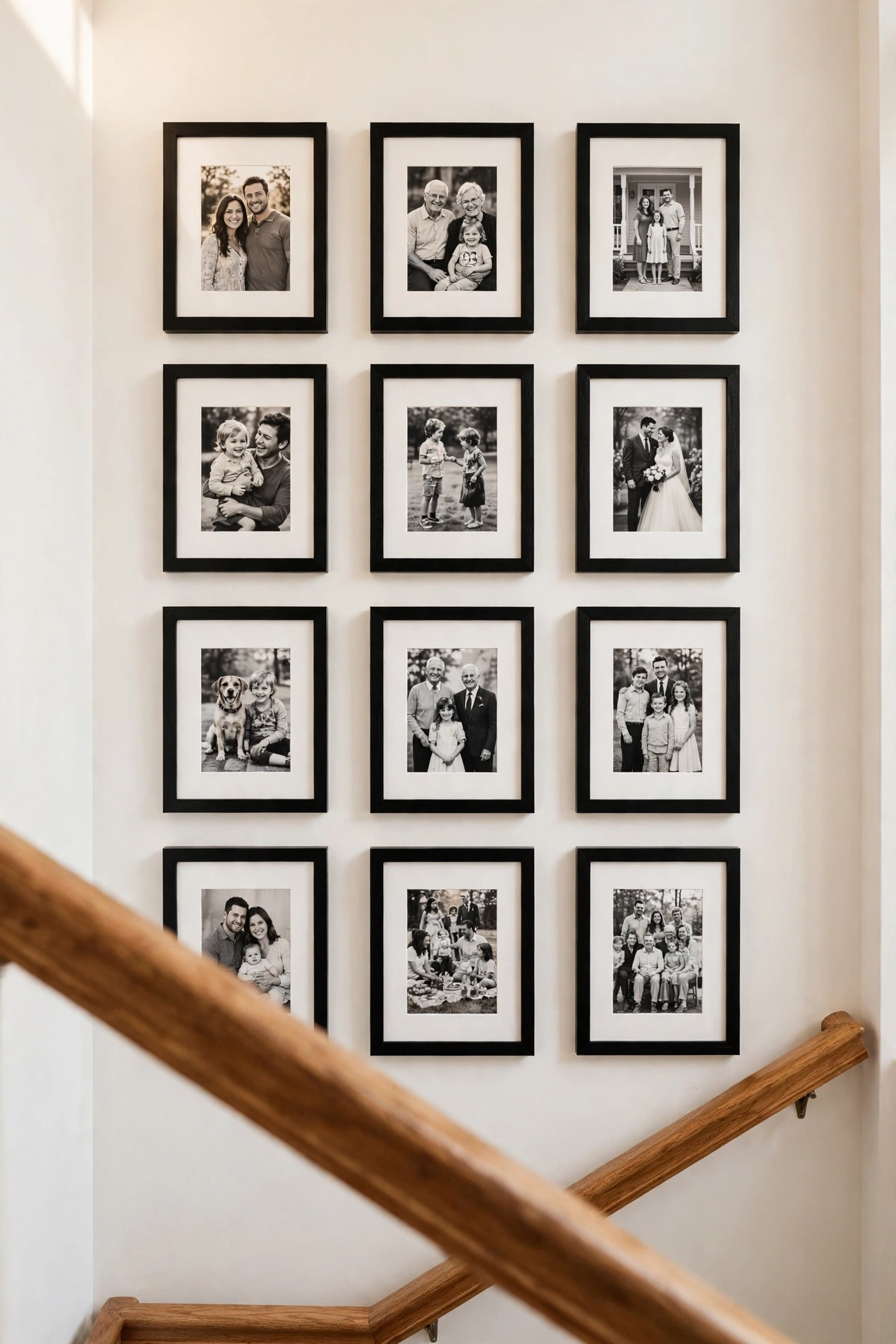 Tight grid of identical black frames with black-and-white photos on a stairwell wall