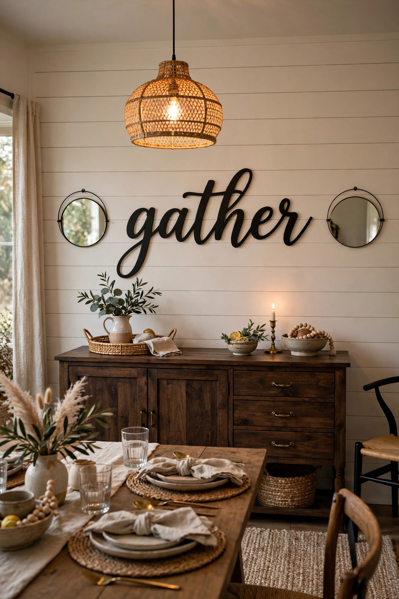 Large black metal script word art hung above a dining room sideboard