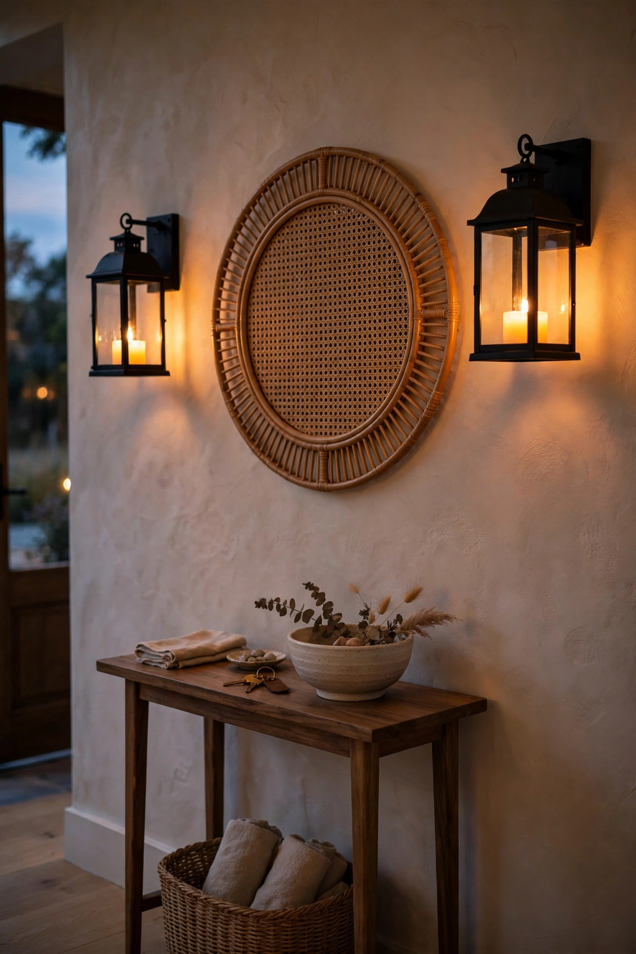 Two wall-mounted lantern sconces with warm LED candles flanking a round mirror