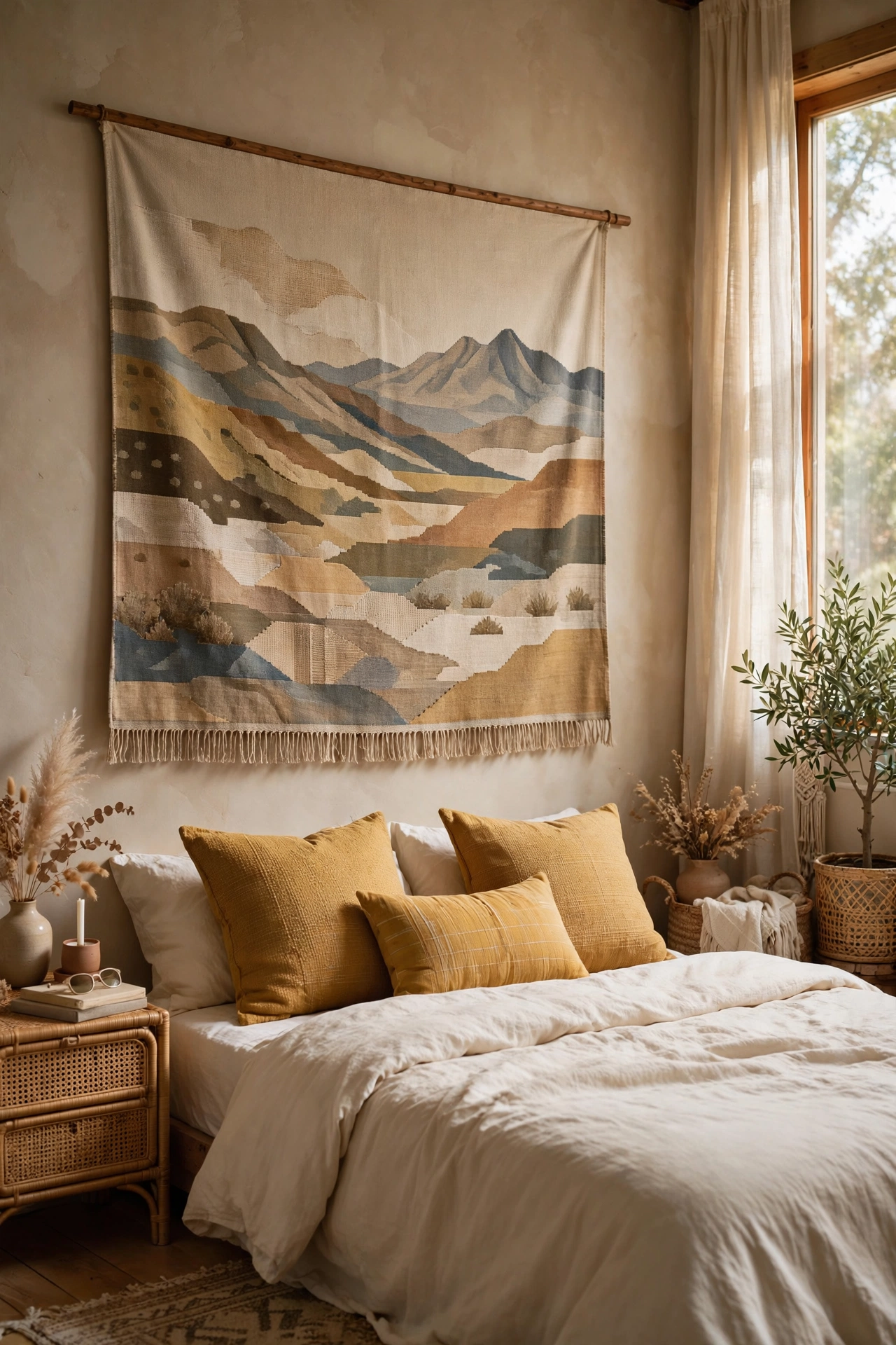 Landscape fabric tapestry on a wooden dowel hung above a guest bed