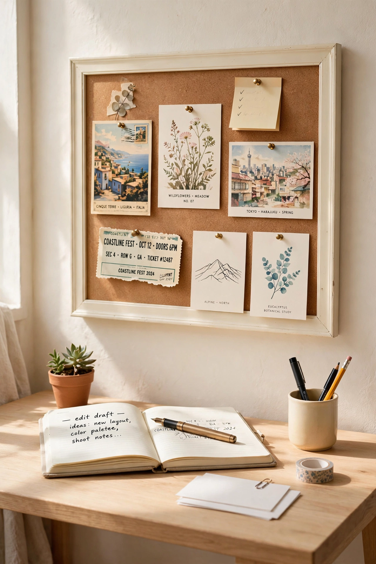 Framed cork memo board styled with postcards and prints in a home office