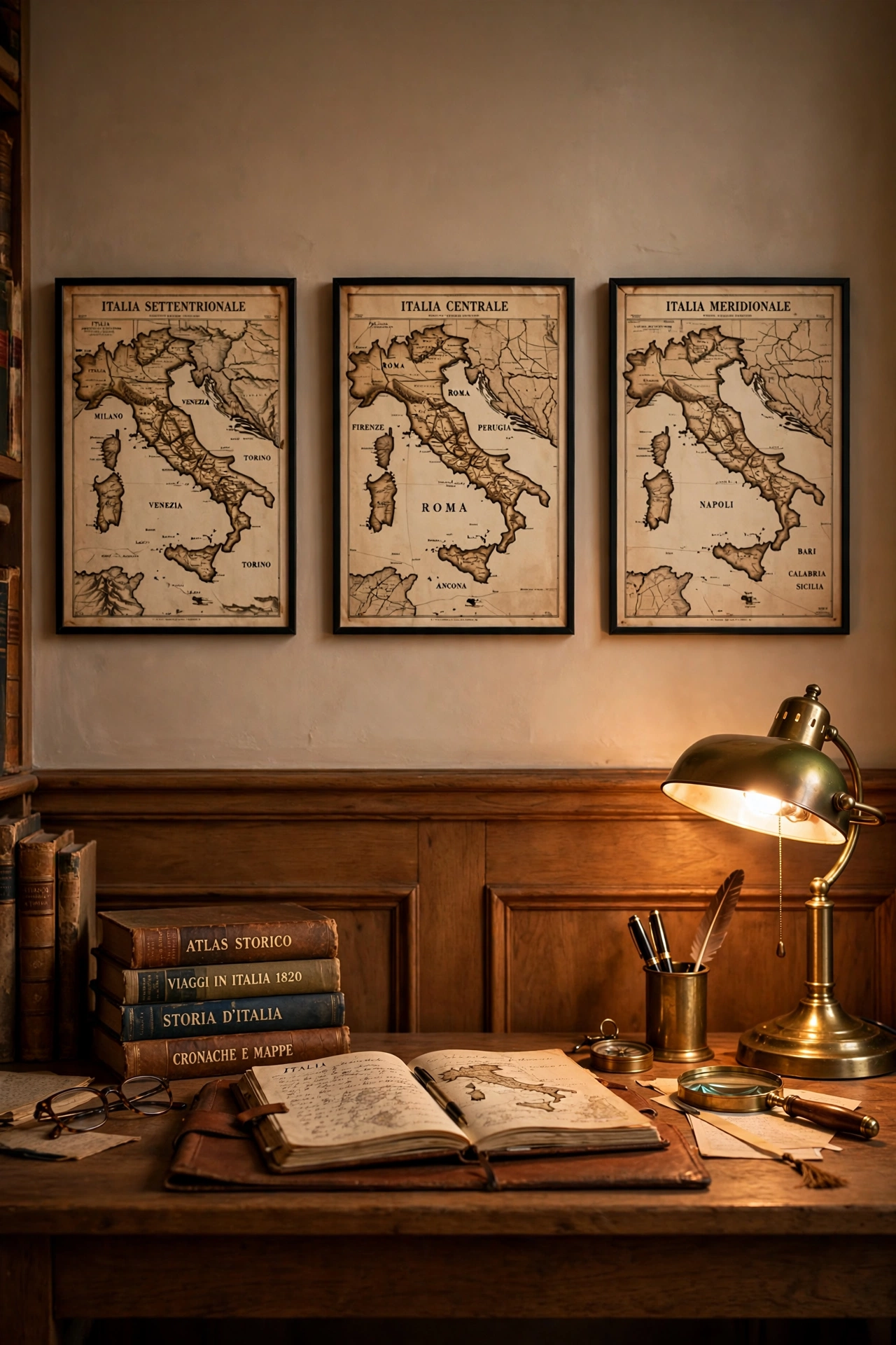 Three framed vintage atlas map pages hung in a row above a desk