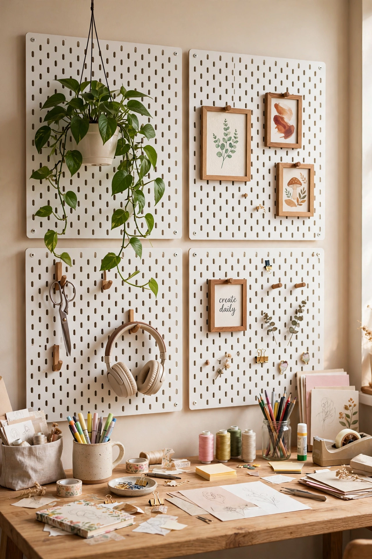 Pegboard display wall with framed prints plants and hooks above a craft desk