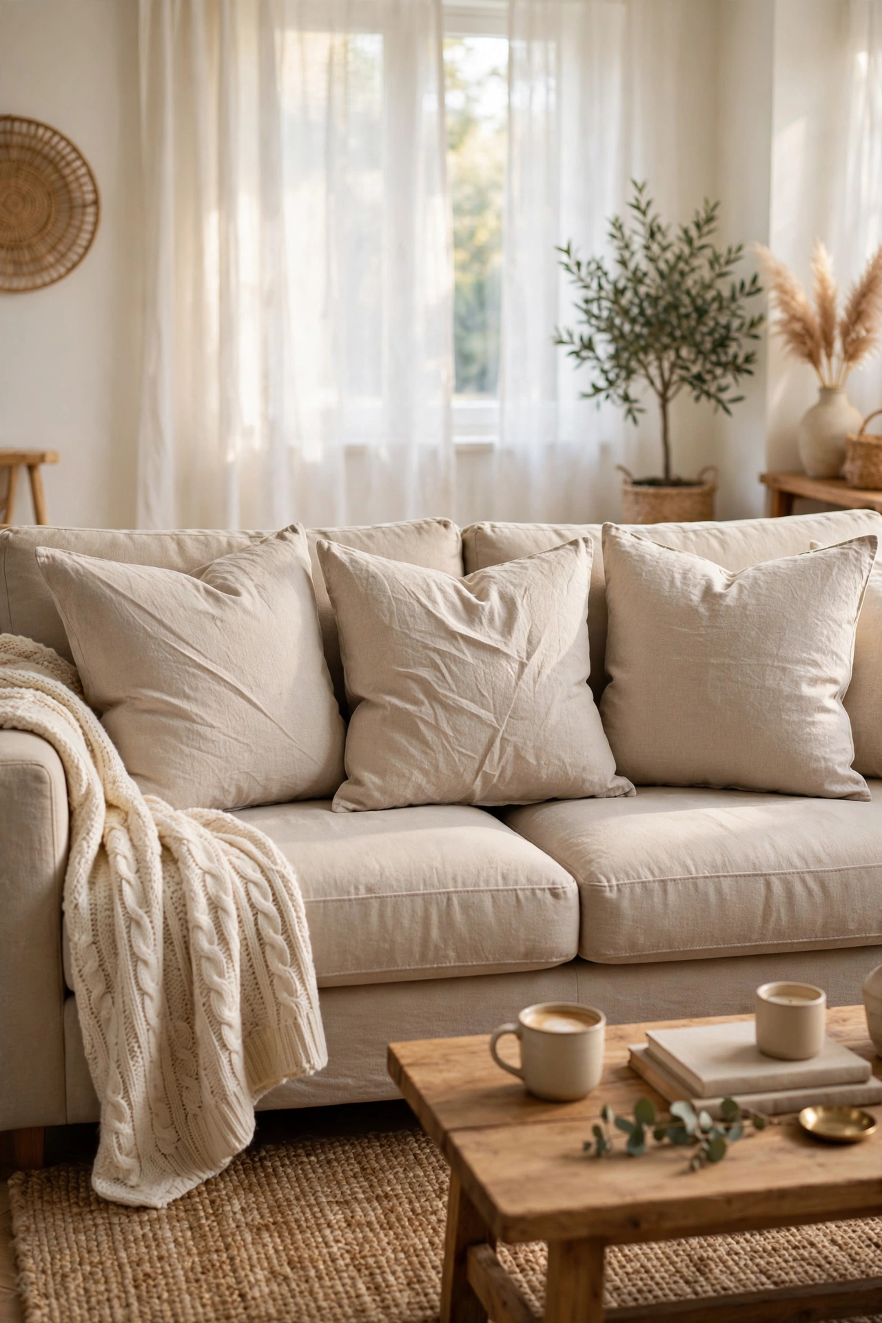 Sofa styled with oatmeal linen-look throw pillow covers in a bright living room