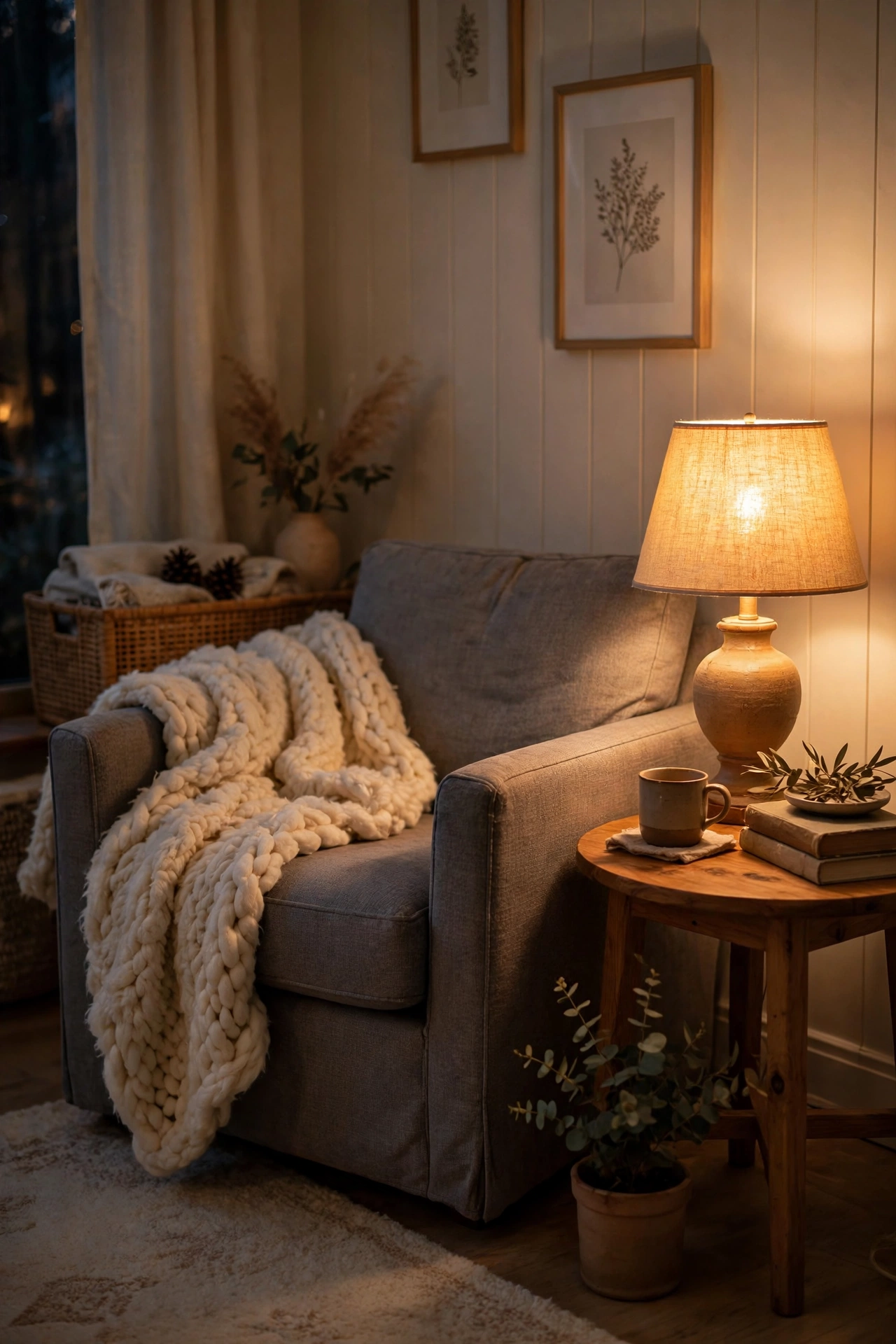 Cream chunky faux-fur throw draped diagonally over a grey armchair