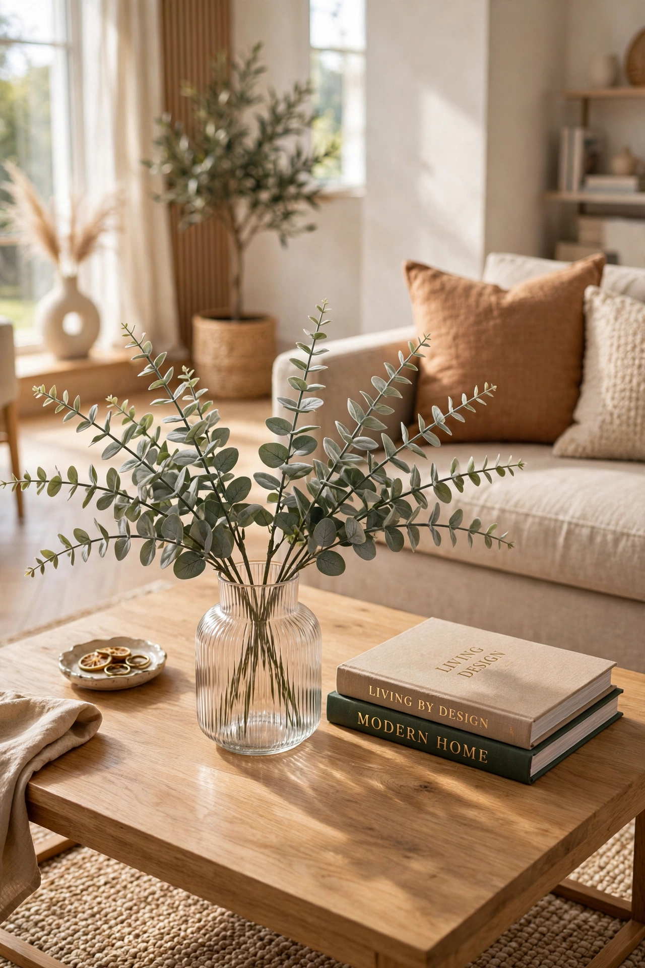 Faux eucalyptus stems fanned out in a ribbed glass vase on a coffee table