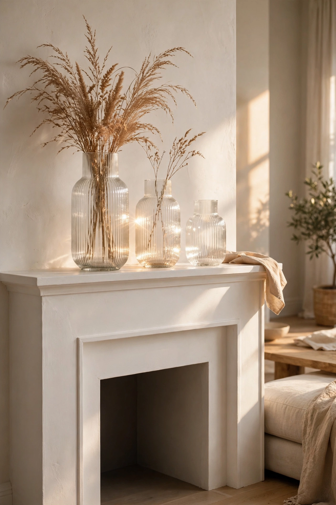 Set of three ribbed glass vases in graduated sizes on a living room mantel