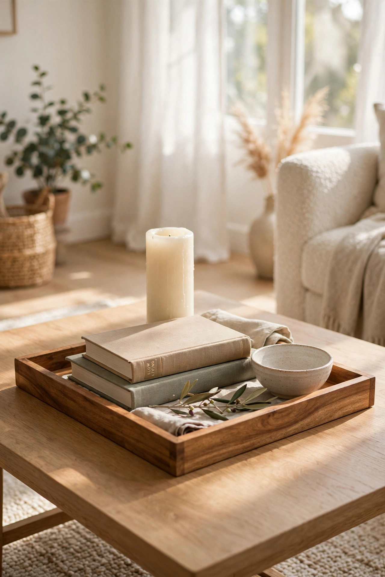 Wooden coffee-table tray styled with a candle books and a small bowl