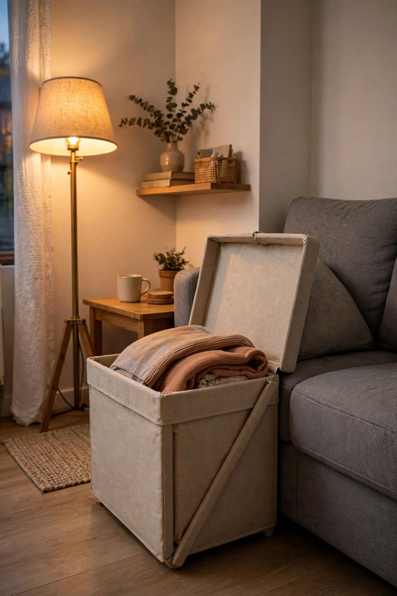 Faux-linen folding storage ottoman cube tucked against a sofa arm