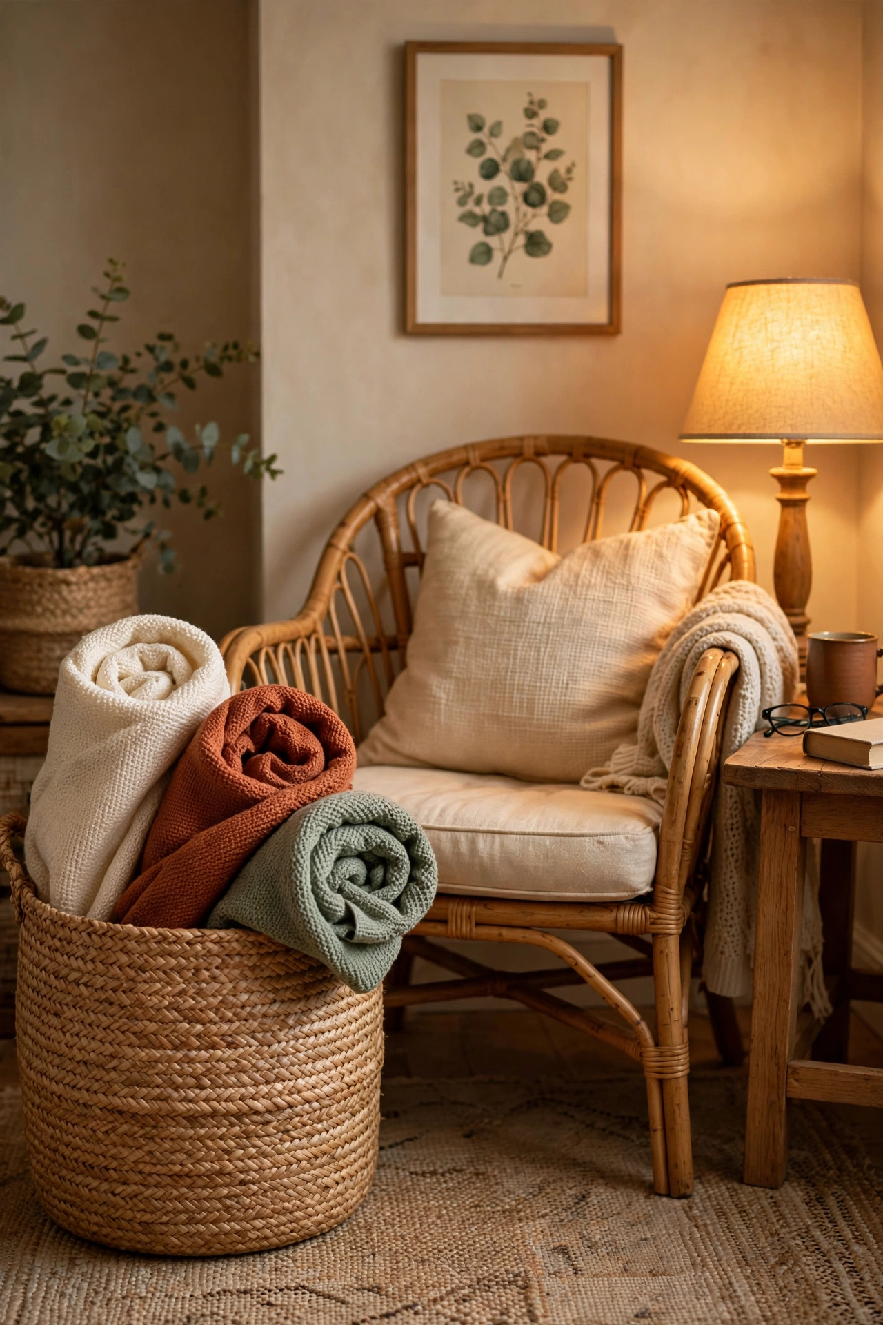 Large woven seagrass basket with rolled throws beside a reading chair